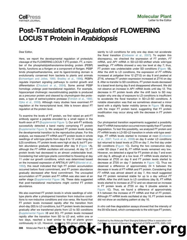 Post-Translational Regulation of FLOWERING LOCUS T Protein in Arabidopsis by Soo-Jin Kim & Sung Myun Hong & Seong Jeon Yoo & Suhyun Moon & Hye Seung Jung & Ji Hoon Ahn