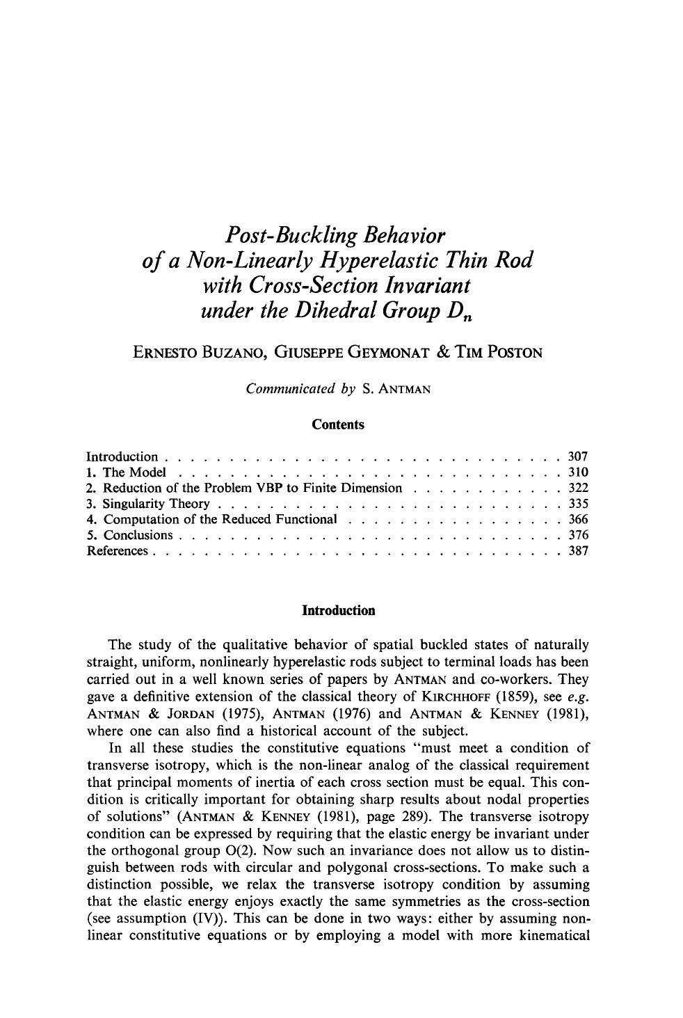 Post-buckling behavior of a non-linearly hyperelastic thin rod with cross-section invariant under the dihedral group D<Subscript>n<Subscript> by Unknown