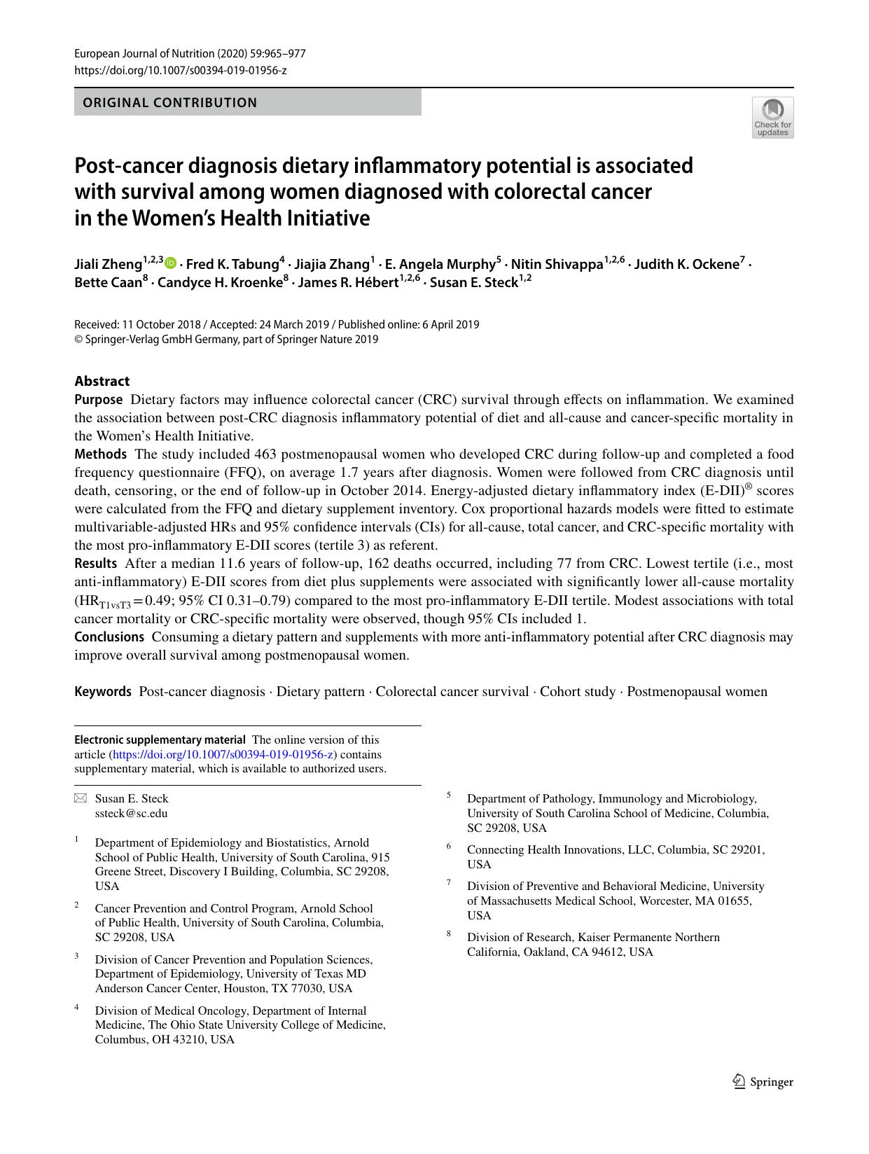 Post-cancer diagnosis dietary inflammatory potential is associated with survival among women diagnosed with colorectal cancer in the Womenâs Health Initiative by unknow