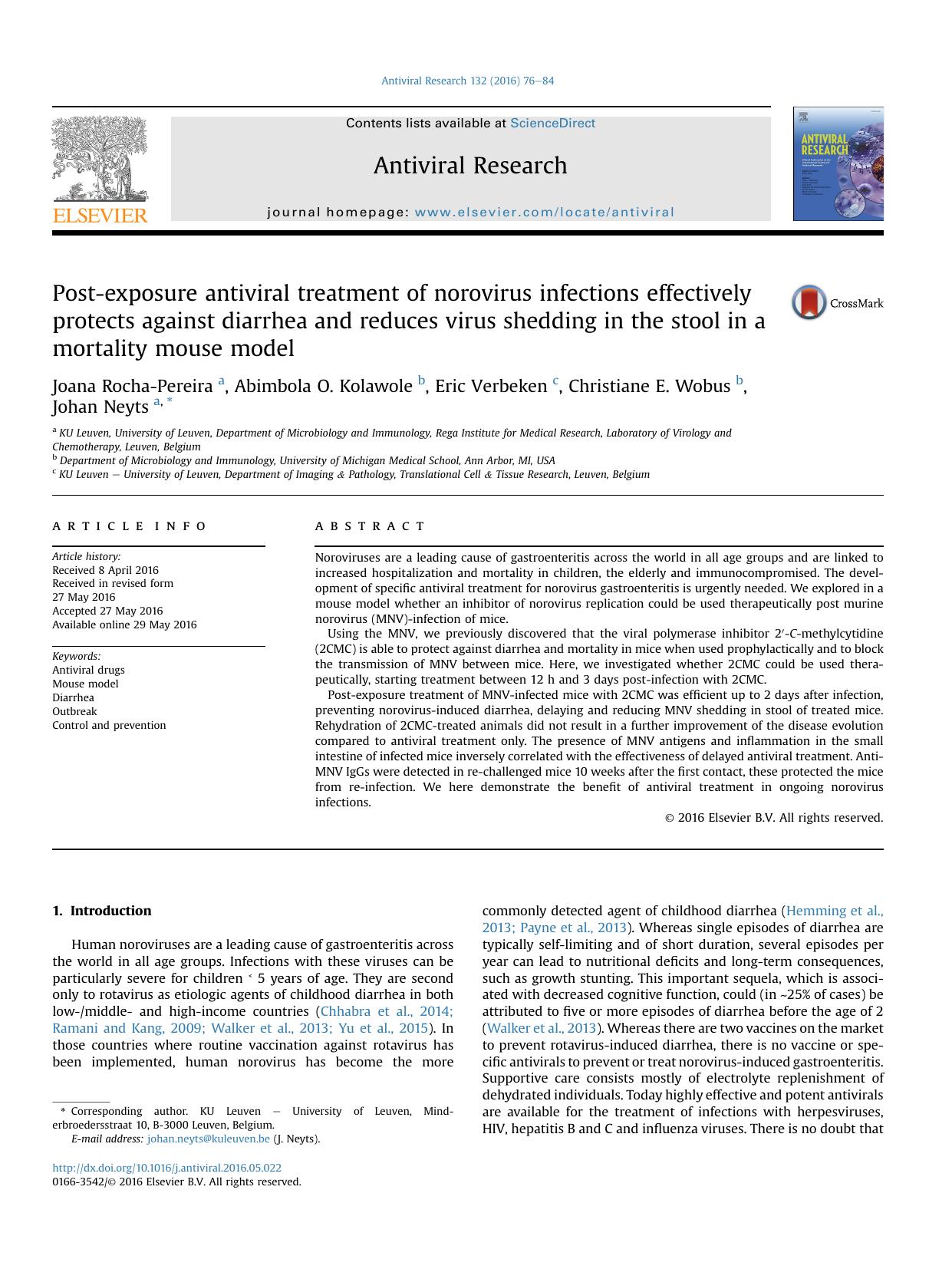 Post-exposure antiviral treatment of norovirus infections effectively protects against diarrhea and reduces virus shedding in the stool in a mortality mouse model by Joana Rocha-Pereira & Abimbola O. Kolawole & Eric Verbeken & Christiane E. Wobus & Johan Neyts