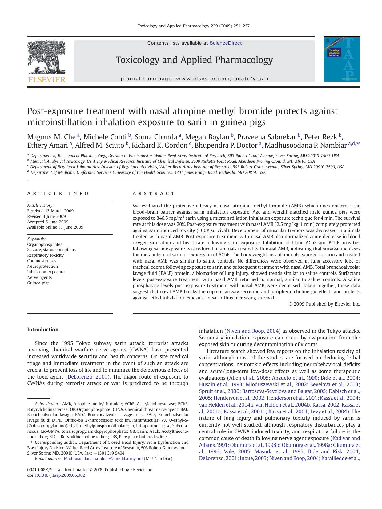 Post-exposure treatment with nasal atropine methyl bromide protects against microinstillation inhalation exposure to sarin in guinea pigs by unknow