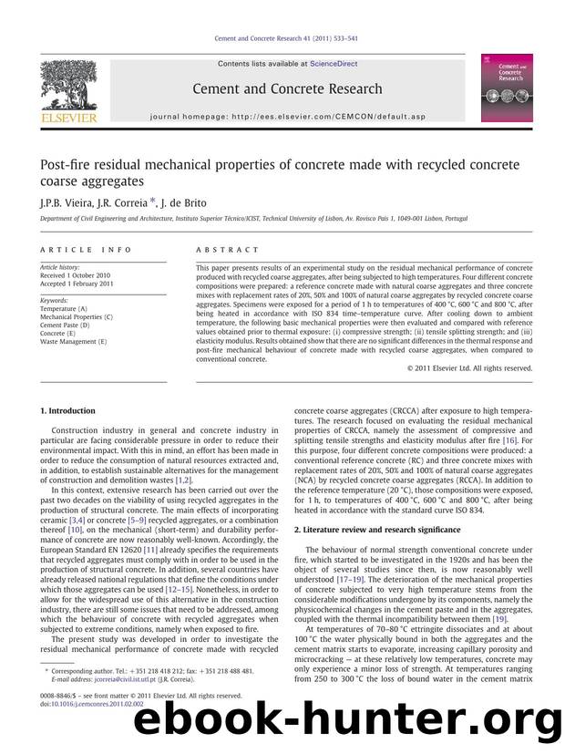 Post-fire residual mechanical properties of concrete made with recycled concrete coarse aggregates by J.P.B. Vieira & J.R. Correia & J. de Brito