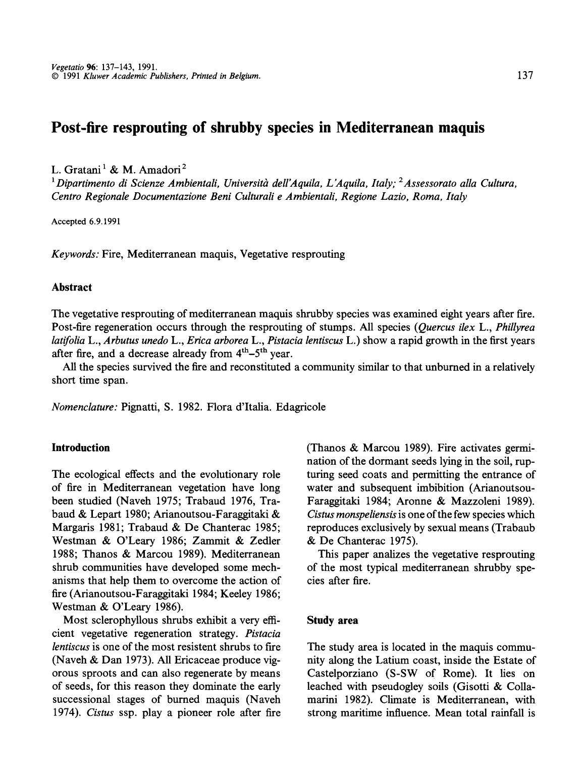 Post-fire resprouting of shrubby species in Mediterranean maquis by Unknown