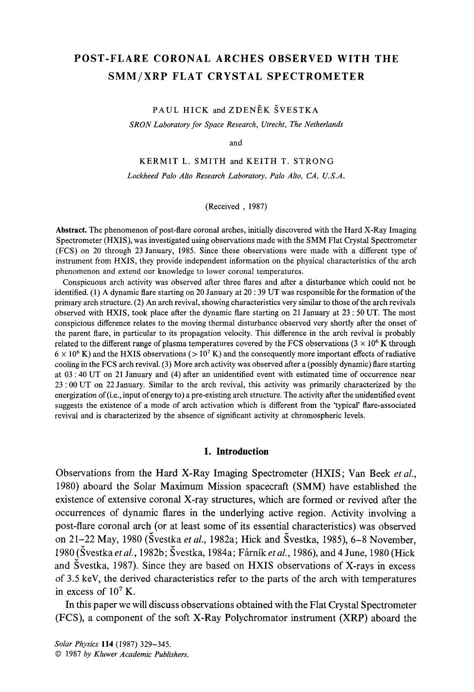Post-flare coronal arches observed with the SMMXRP Flat Crystal Spectrometer by Unknown
