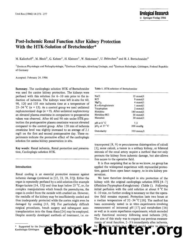 Post-ischemic renal function after kidney protection with the HTK-solution of Bretschneider by Unknown