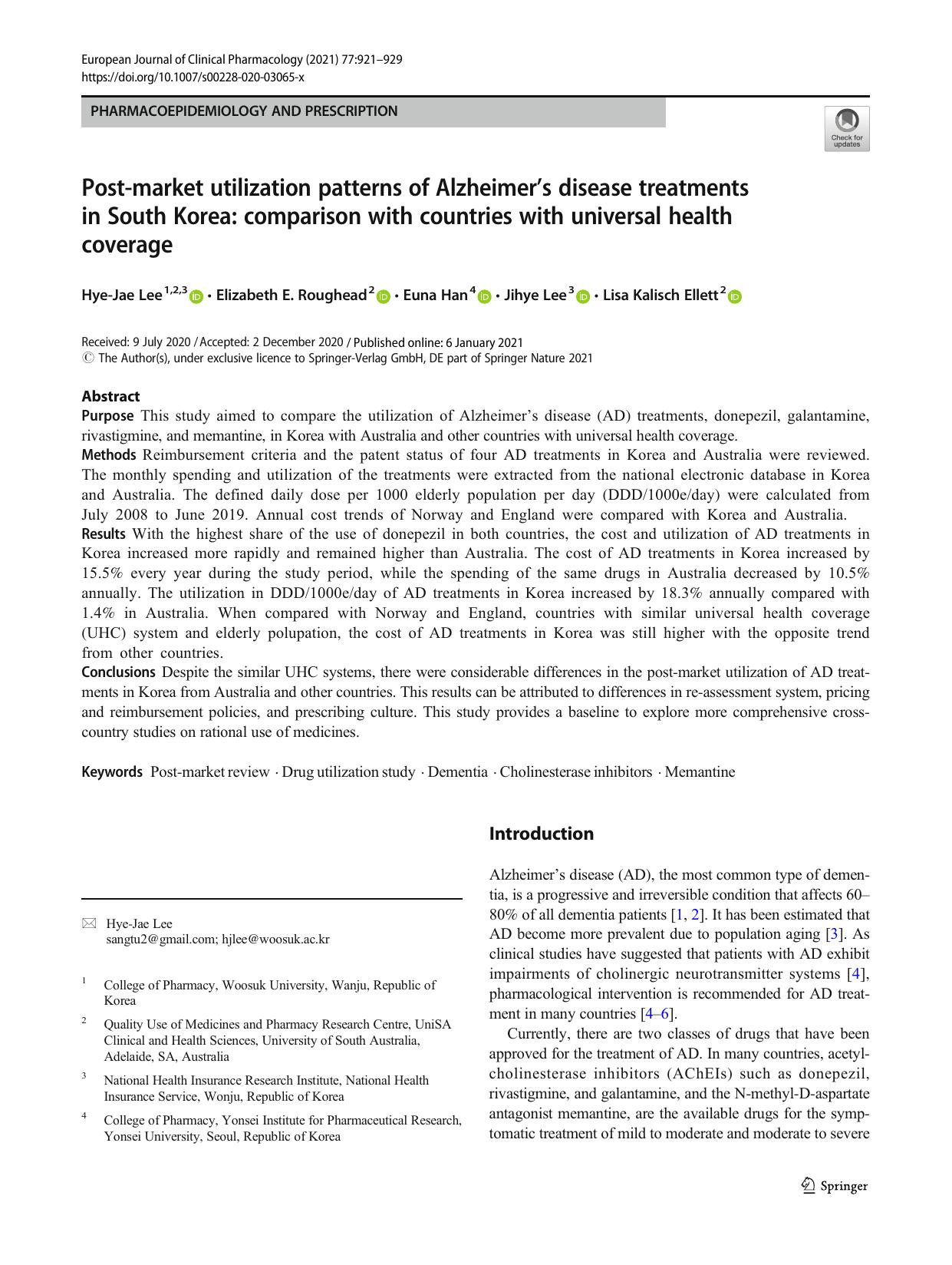 Post-market utilization patterns of Alzheimerâs disease treatments in South Korea: comparison with countries with universal health coverage by Hye-Jae Lee & Elizabeth E. Roughead & Euna Han & Jihye Lee & Lisa Kalisch Ellett