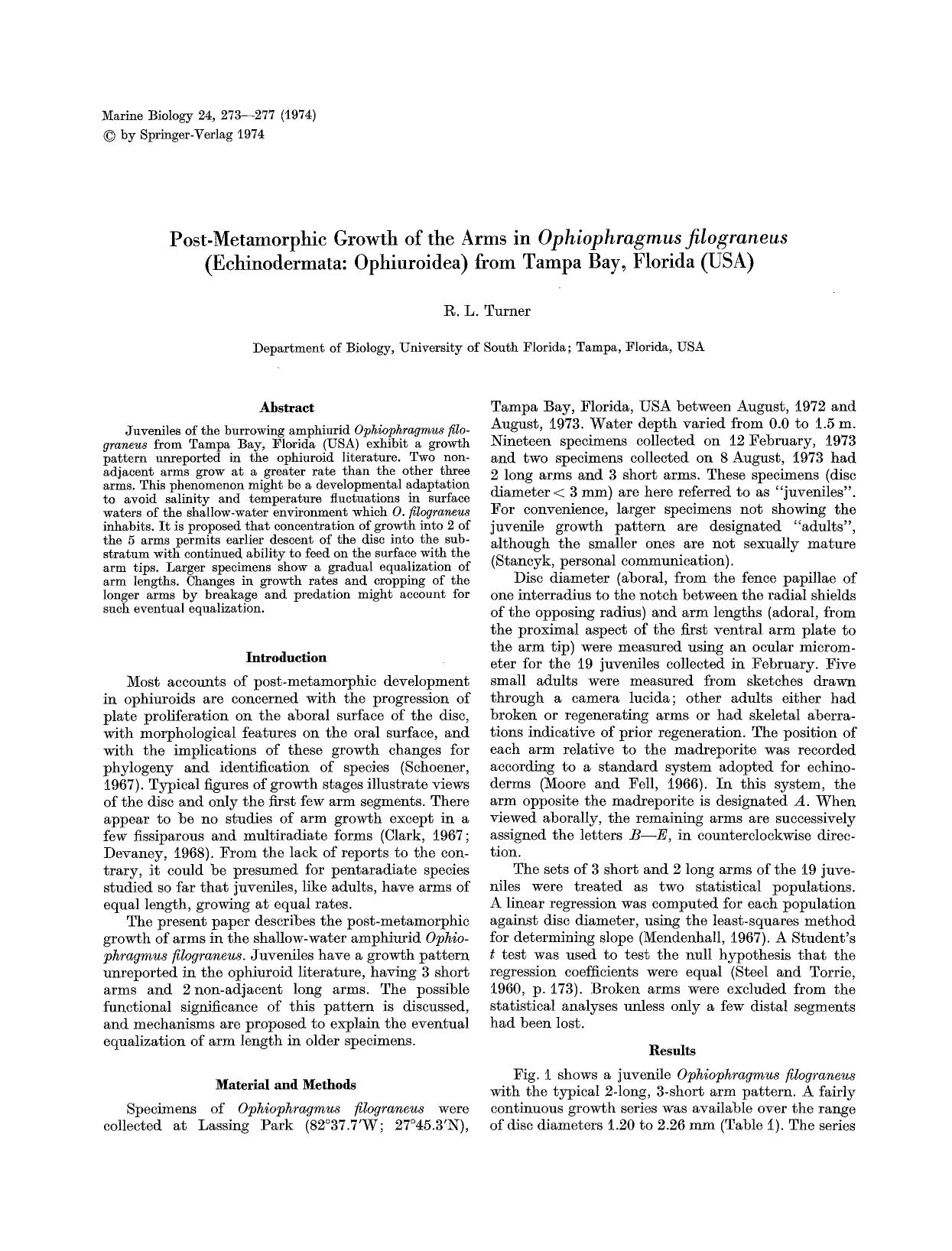 Post-metamorphic growth of the arms in <Emphasis Type="Italic">Ophiophragmus filograneus<Emphasis> (Echinodermata: Ophiuroidea) from Tampa Bay, Florida (USA) by Unknown