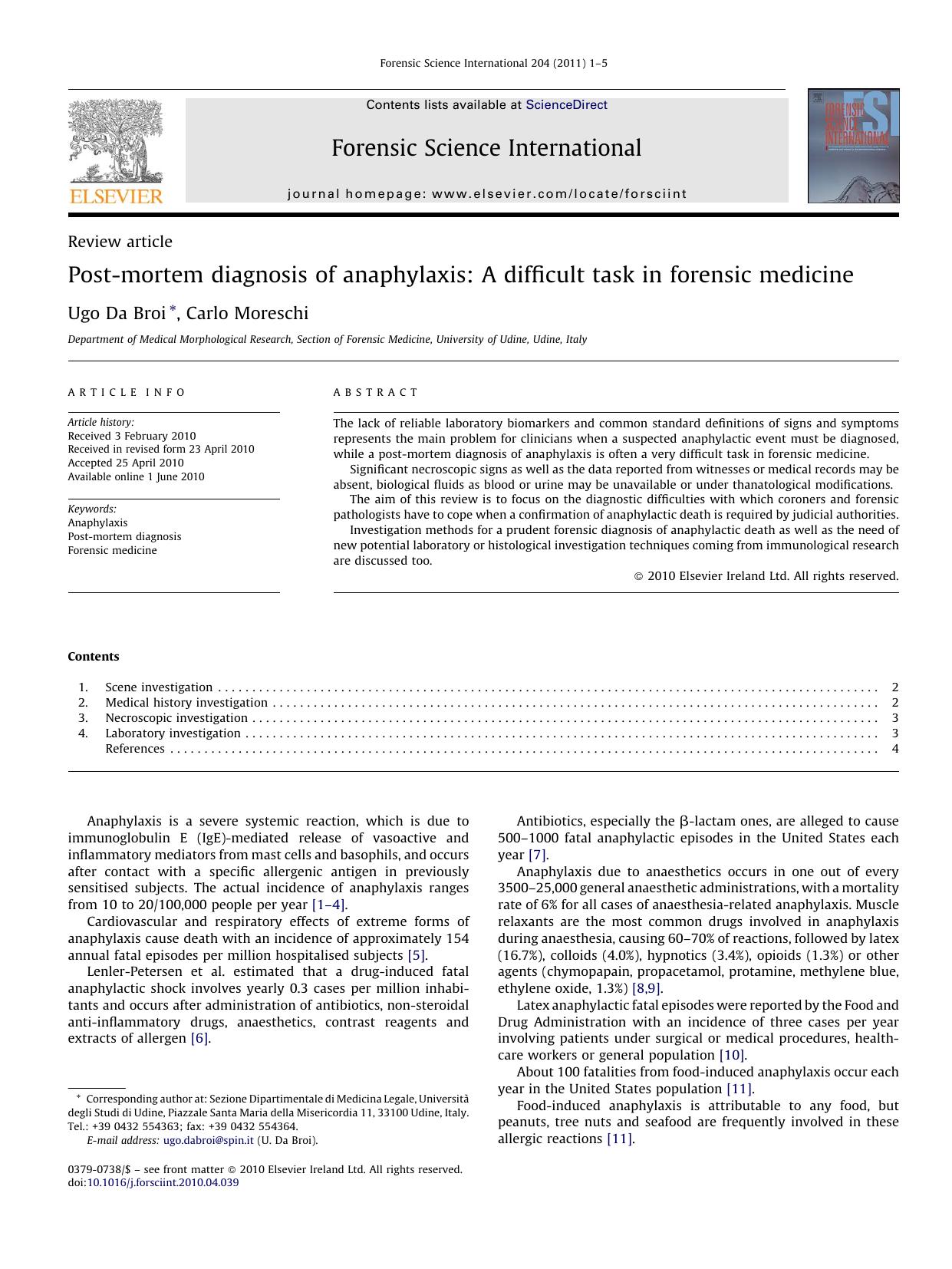 Post-mortem diagnosis of anaphylaxis: A difficult task in forensic medicine by Ugo Da Broi