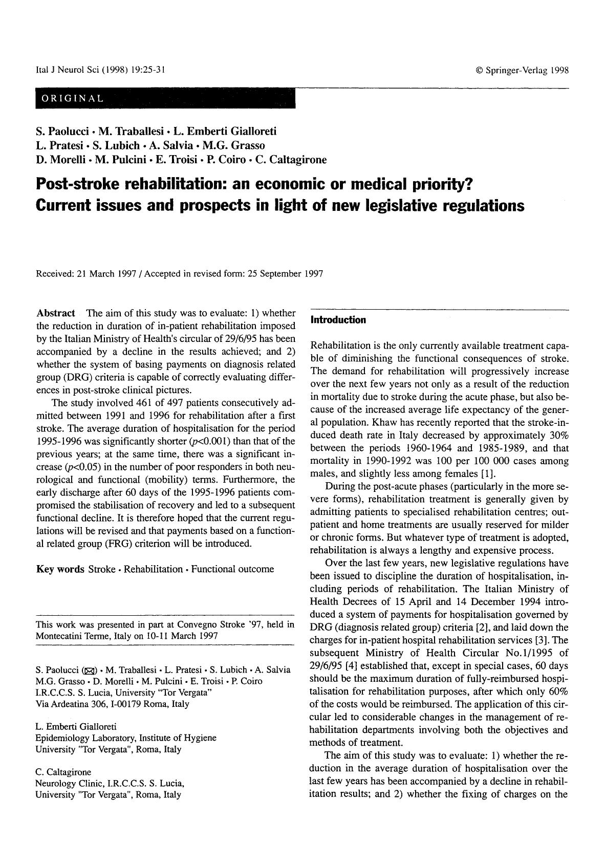 Post-stroke rehabilitation: an economic or medical priority? Current issues and prospects in light of new legislative regulations by Unknown