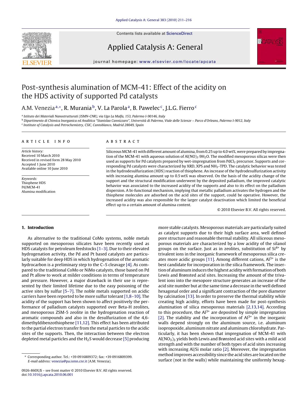 Post-synthesis alumination of MCM-41: Effect of the acidity on the HDS activity of supported Pd catalysts by A.M. Venezia