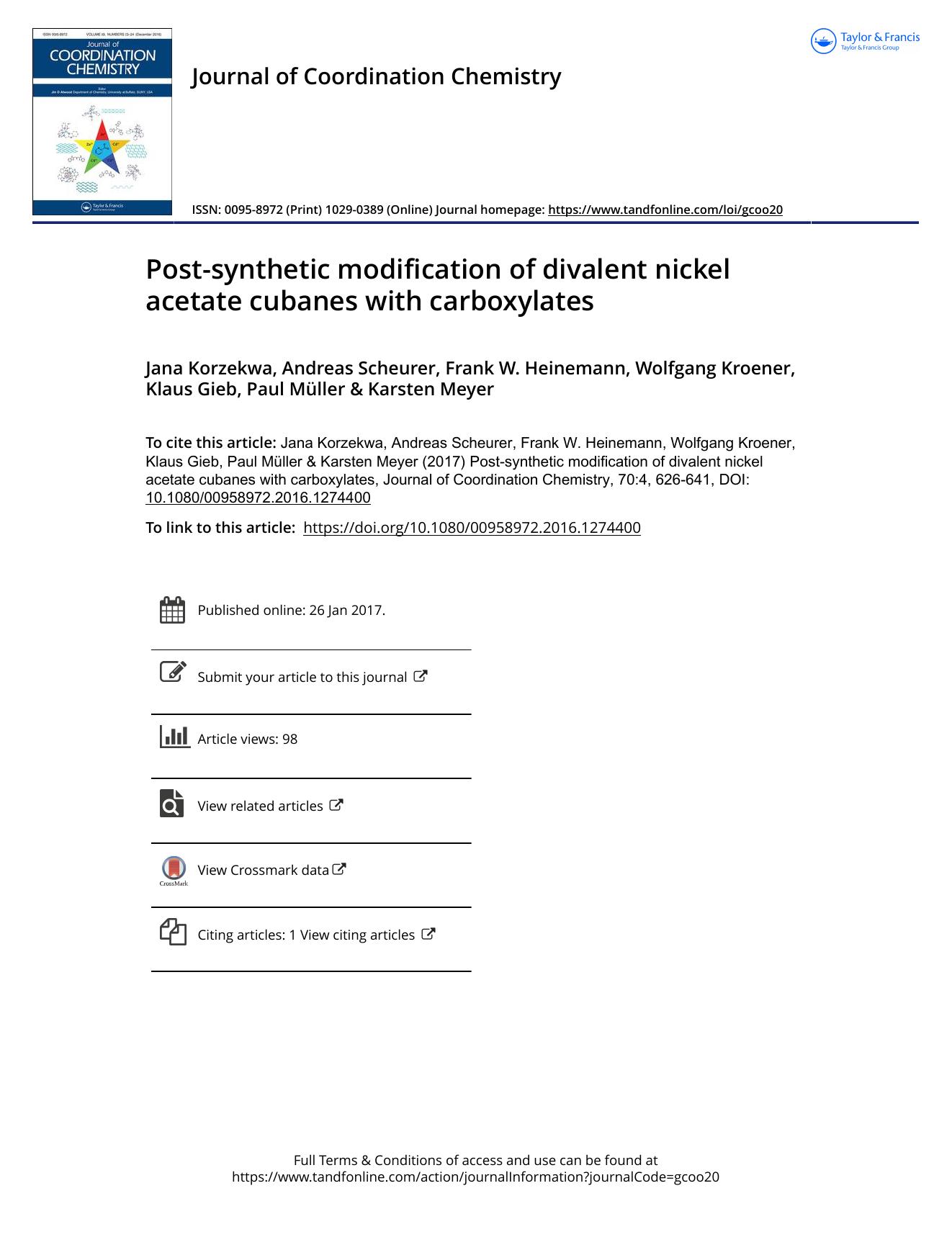Post-synthetic modification of divalent nickel acetate cubanes with carboxylates by unknow