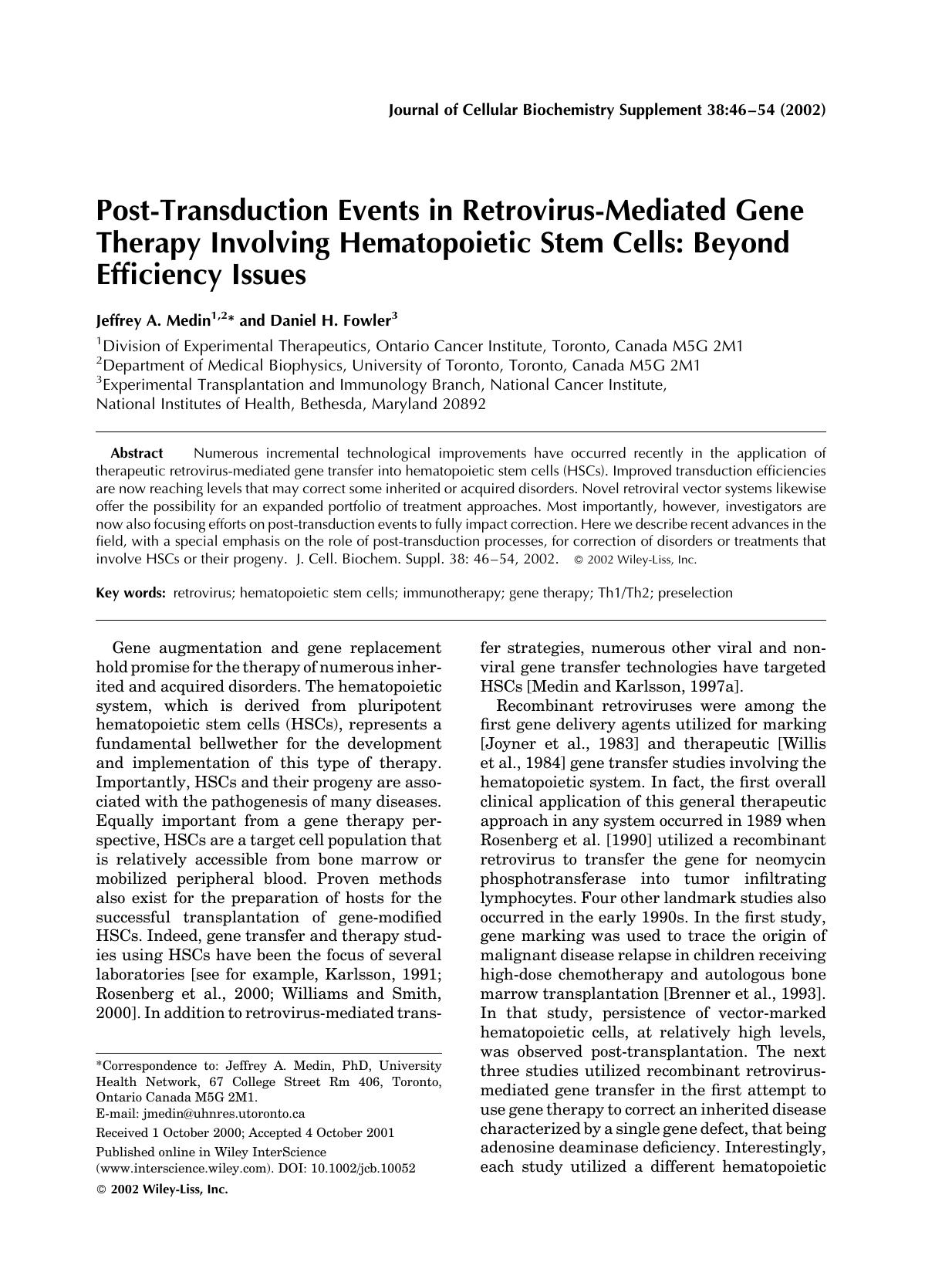 Post-transduction events in retrovirus-mediated gene therapy involving hematopoietic stem cells: Beyond efficiency issues by Unknown