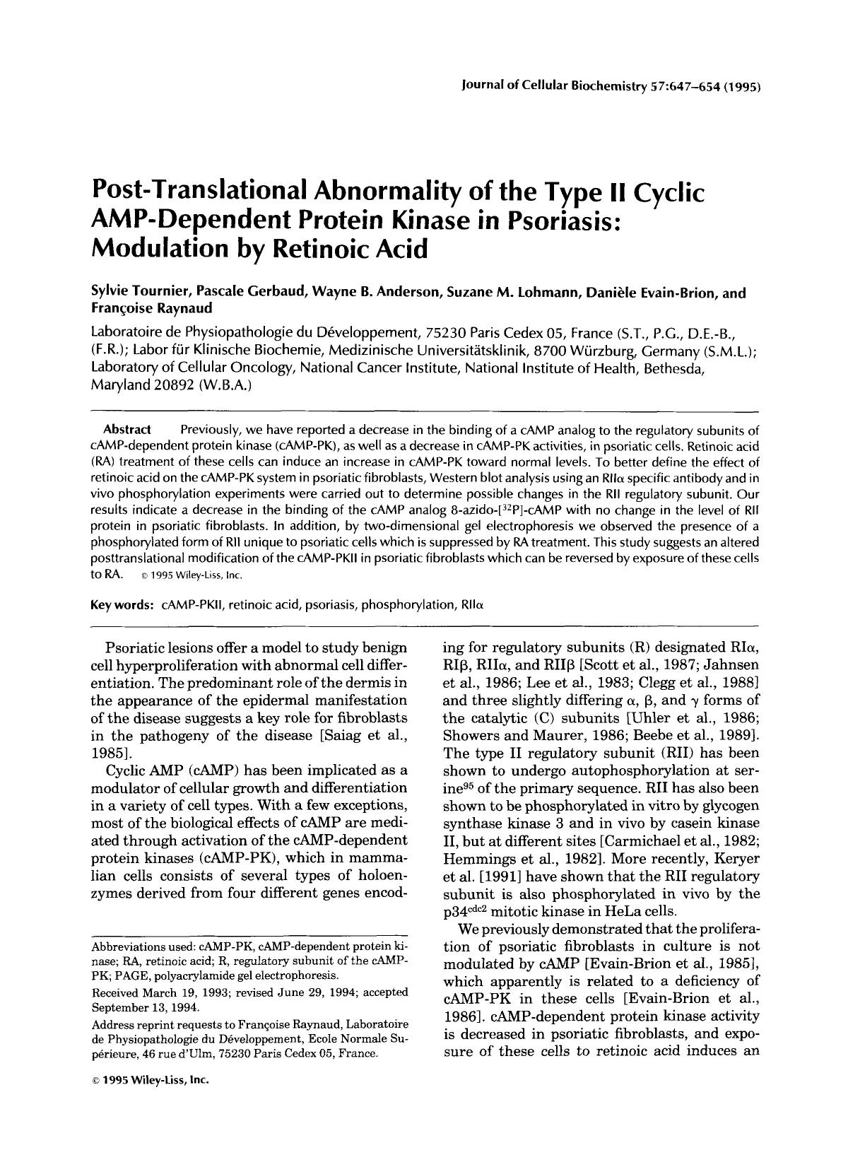 Post-translational abnormality of the type II cyclic AMP-dependent protein kinase in psoriasis: Modulation by retinoic acid by Unknown