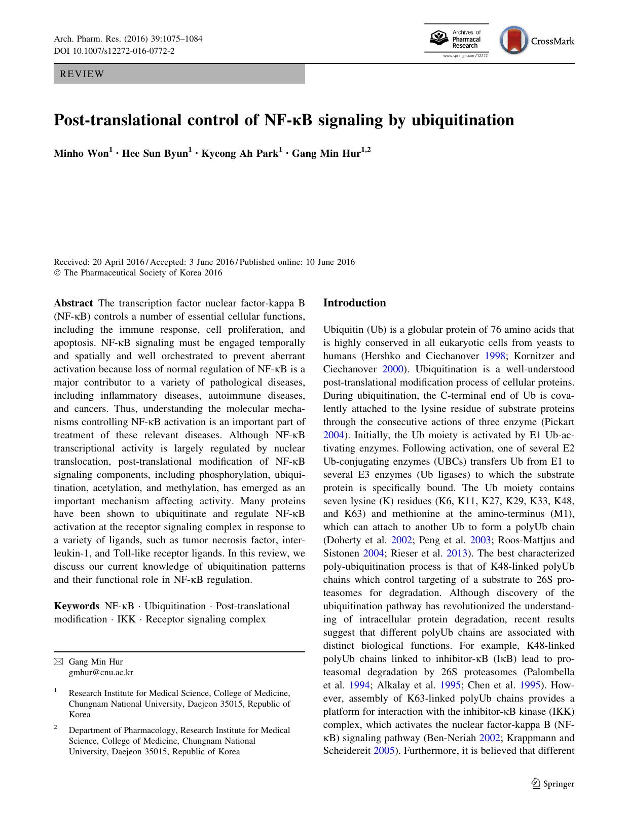 Post-translational control of NF-ÎºB signaling by ubiquitination by Minho Won & Hee Sun Byun & Kyeong Ah Park & Gang Min Hur