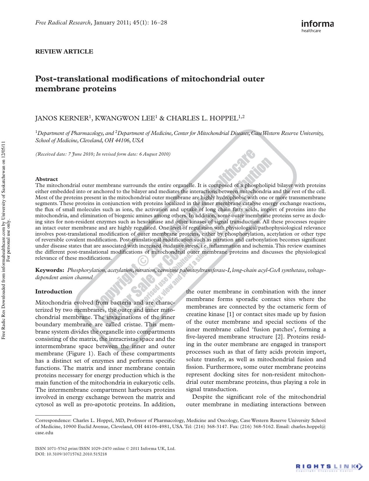 Post-translational modifications of mitochondrial outer membrane proteins by Janos Kerner 1 Kwangwon Lee 1 & Charles L. Hoppel 1 2charles.hoppel@case.edu