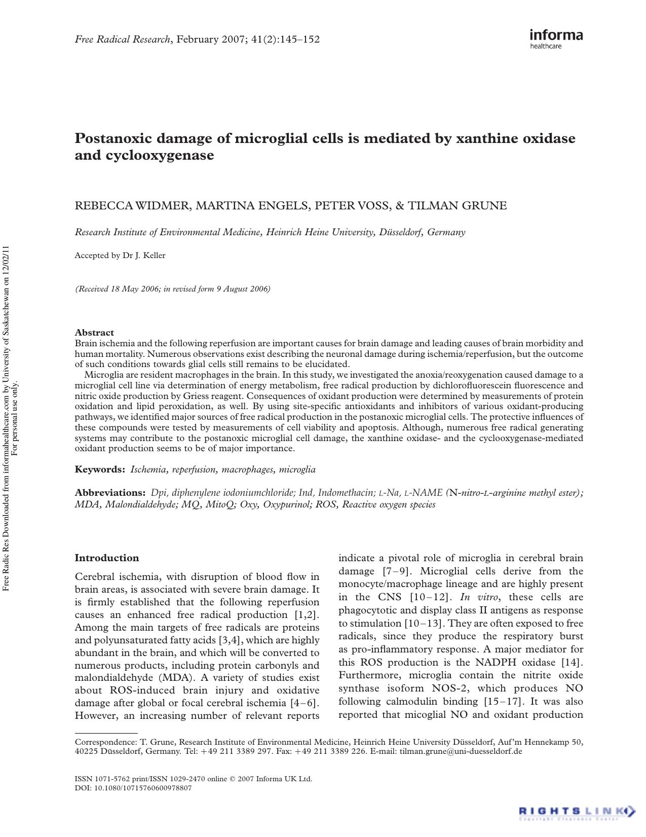 Postanoxic damage of microglial cells is mediated by xanthine oxidase and cyclooxygenase by Rebecca Widmer1 Martina Engels1 Peter Voss1 & Tilman Grune1†