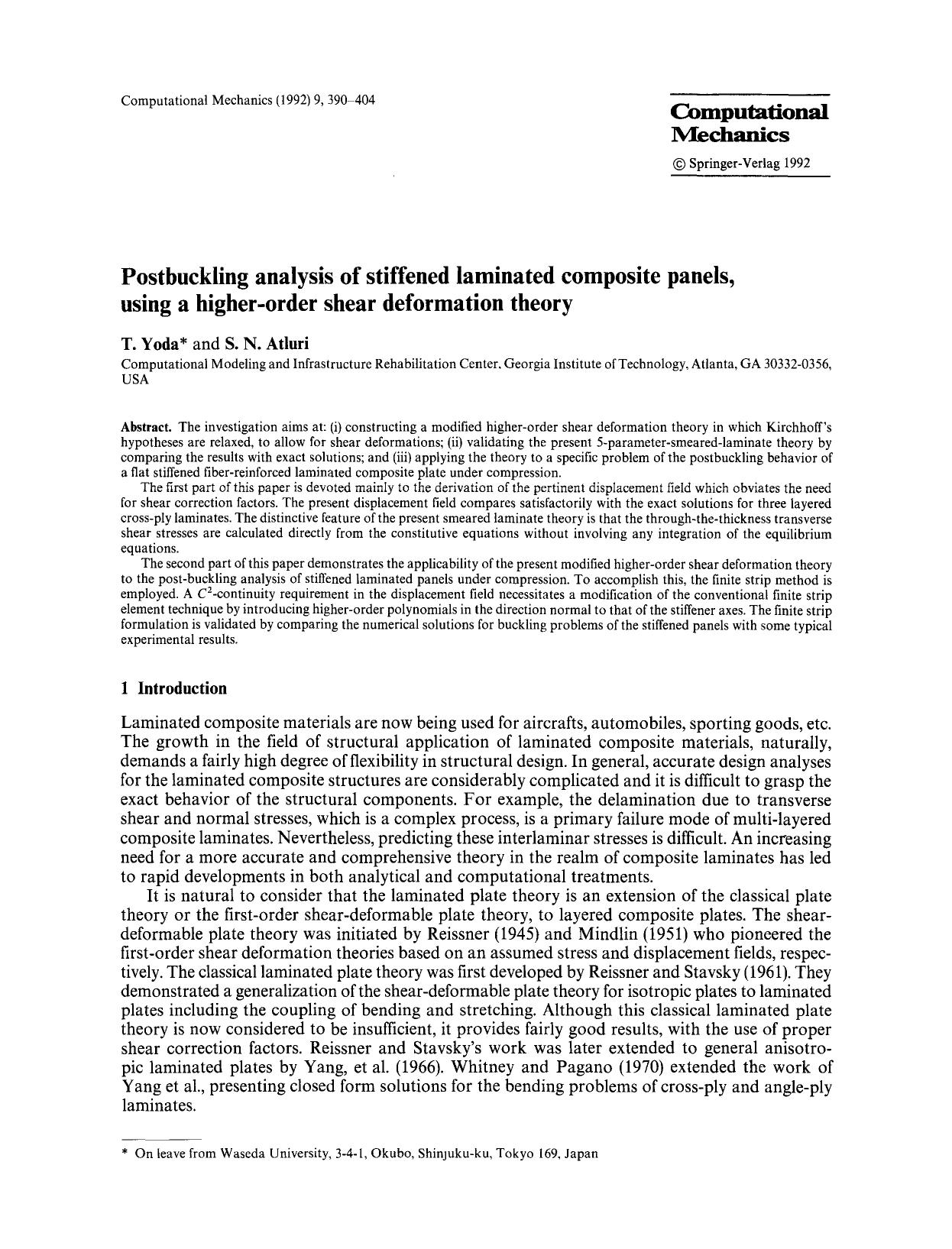 Postbuckling analysis of stiffened laminated composite panels, using a higher-order shear deformation theory by Unknown
