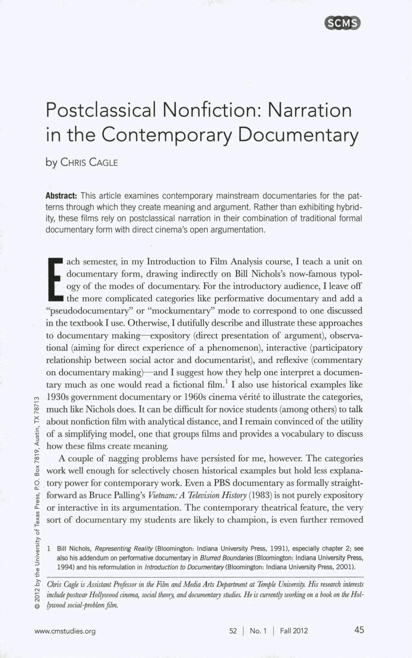 Postclassical Nonfiction; Narration in the Contemporary Documentary by Chris Cagle