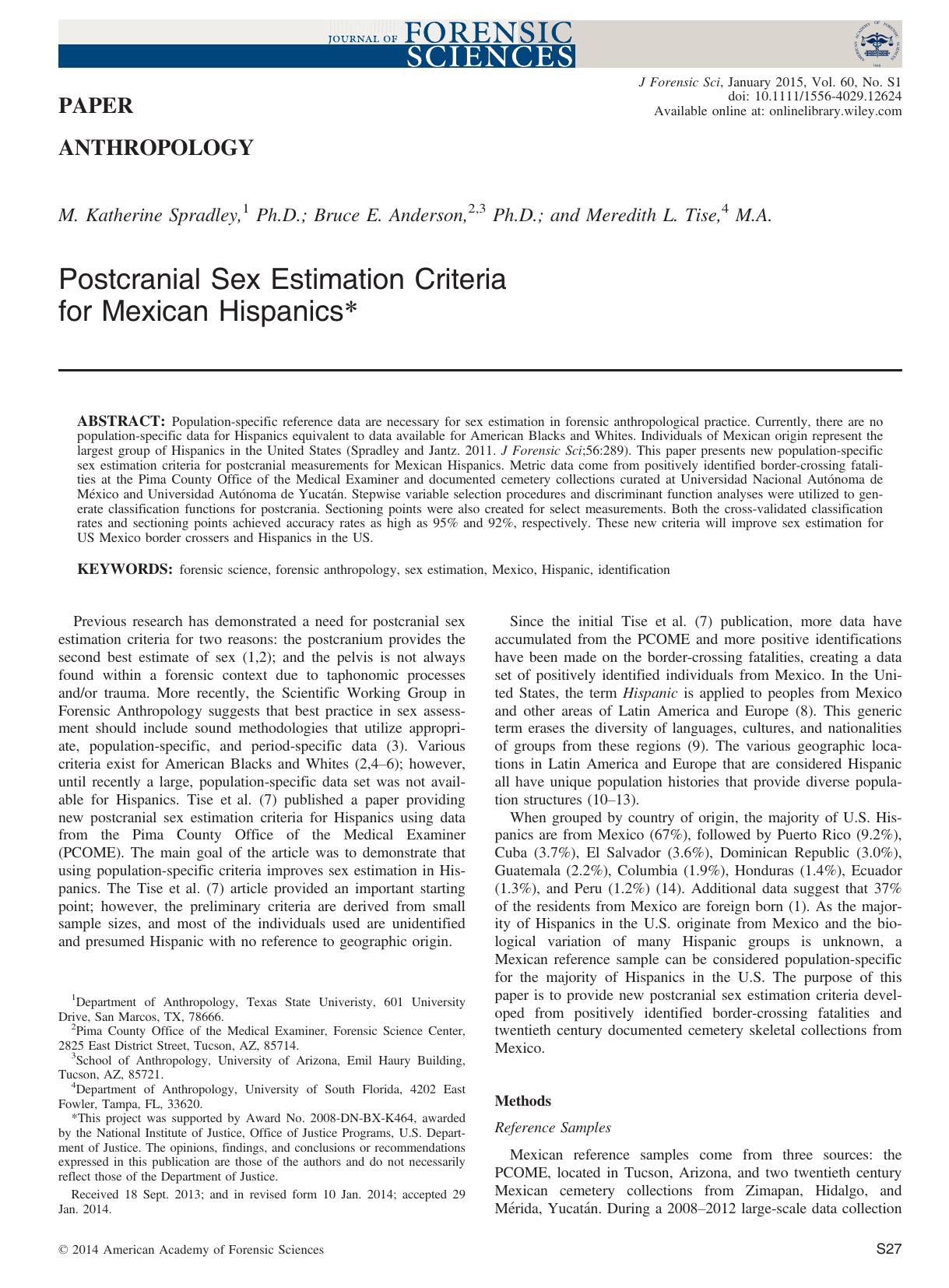 Postcranial Sex Estimation Criteria for Mexican Hispanics by Unknown