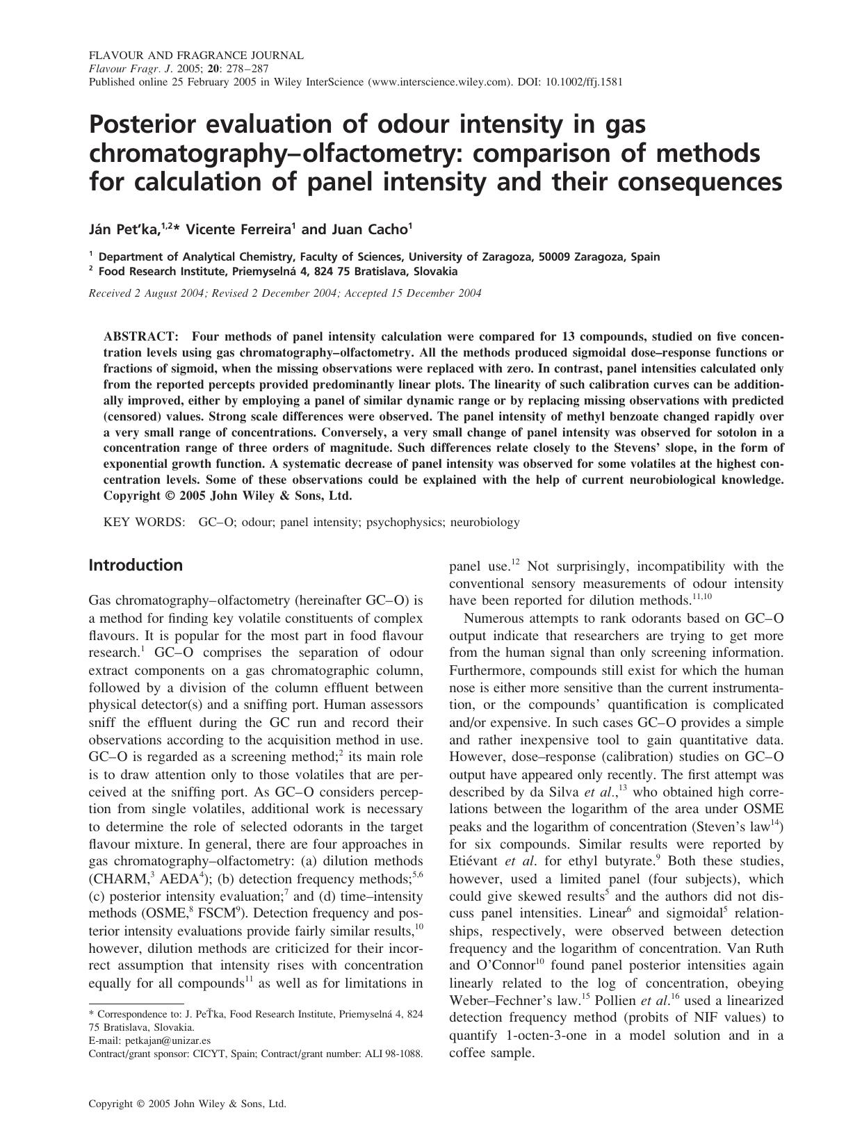 Posterior evaluation of odour intensity in gas chromatography-olfactometry: comparison of methods for calculation of panel intensity and their consequences by Fuht