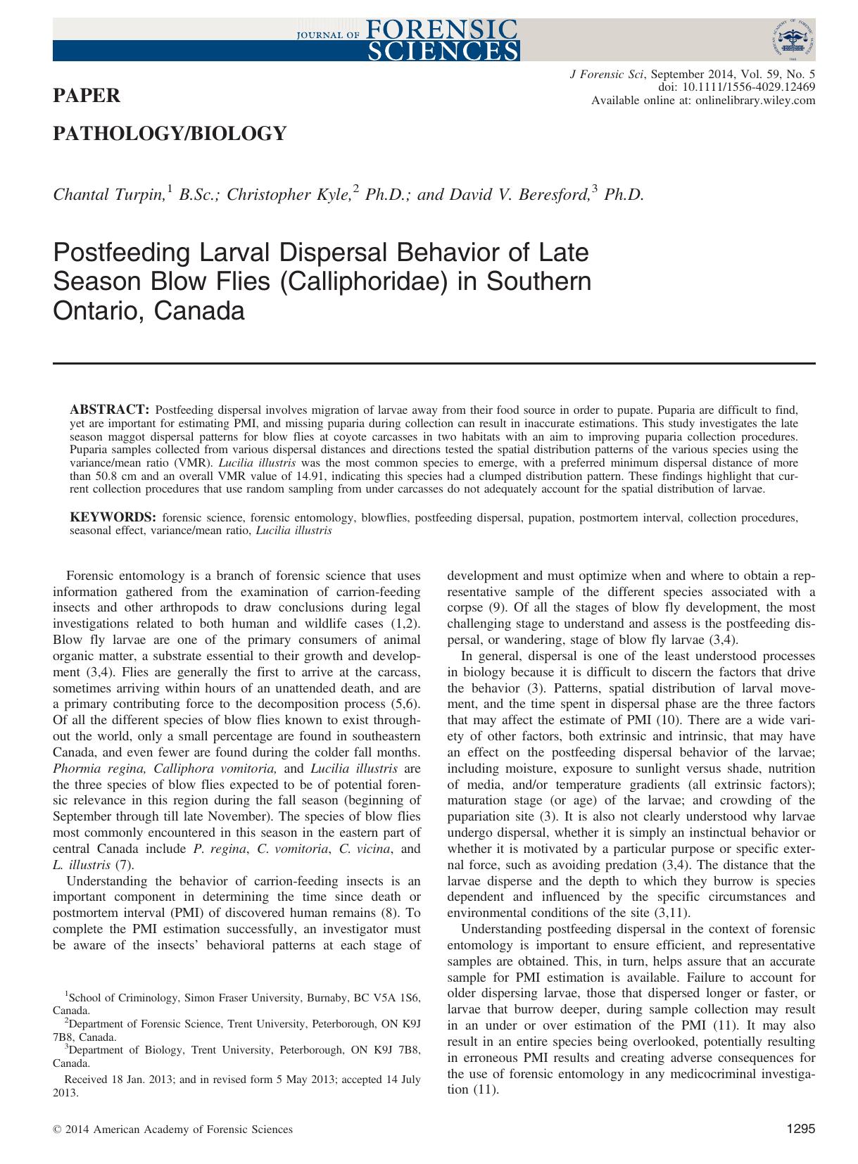 Postfeeding Larval Dispersal Behavior of Late Season Blow Flies (Calliphoridae) in Southern Ontario, Canada by Unknown