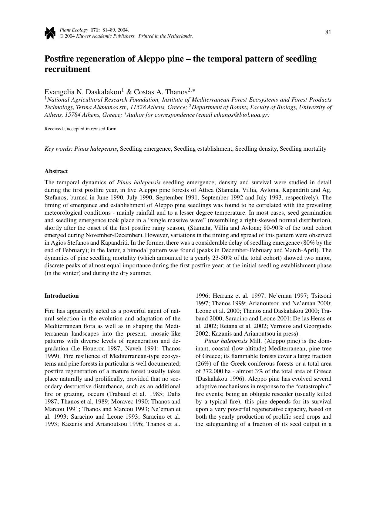 Postfire regeneration of Aleppo pine – the temporal pattern of seedling recruitment by Unknown