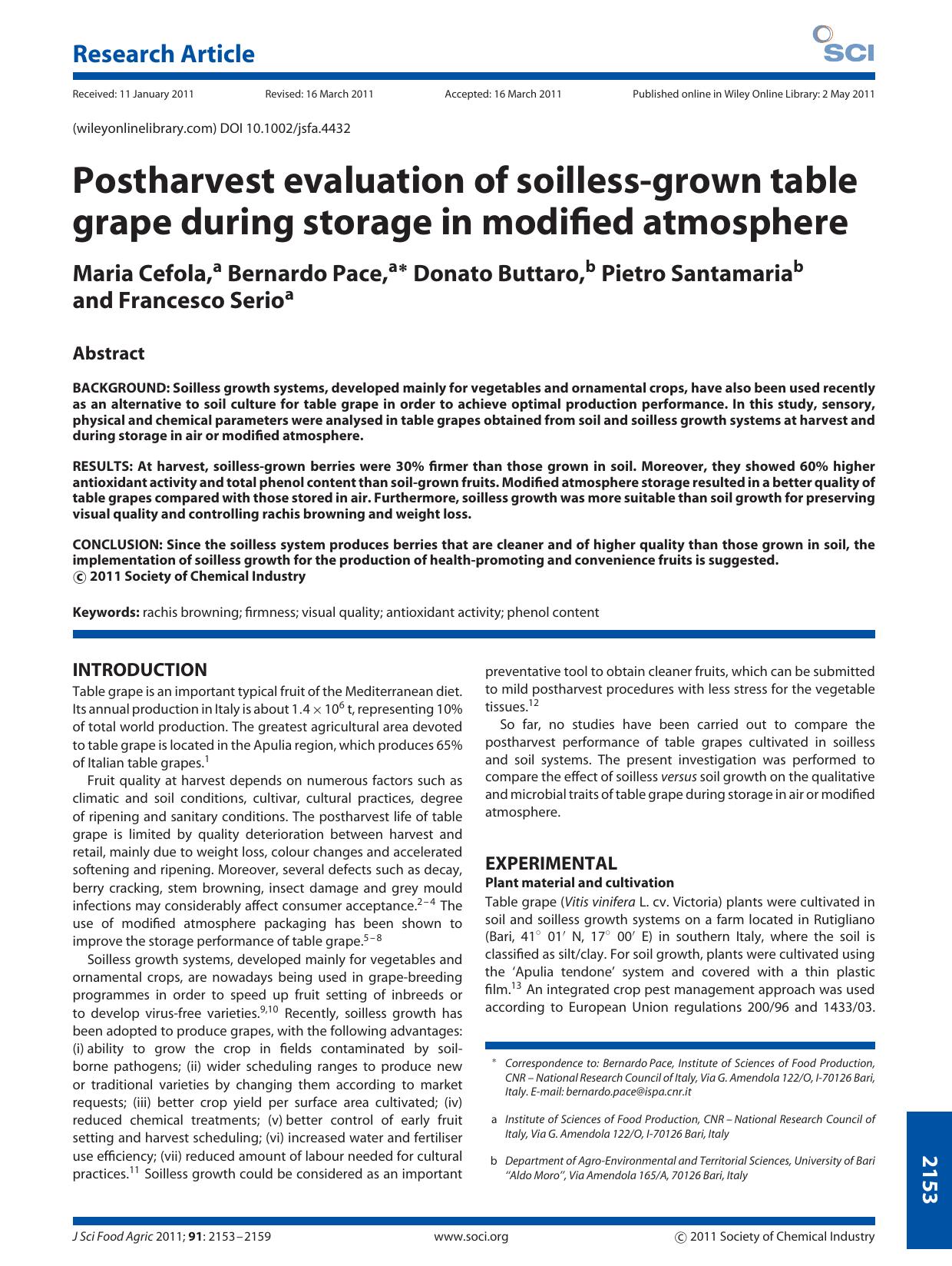 Postharvest evaluation of soillessgrown table grape during storage in modified atmosphere by Unknown