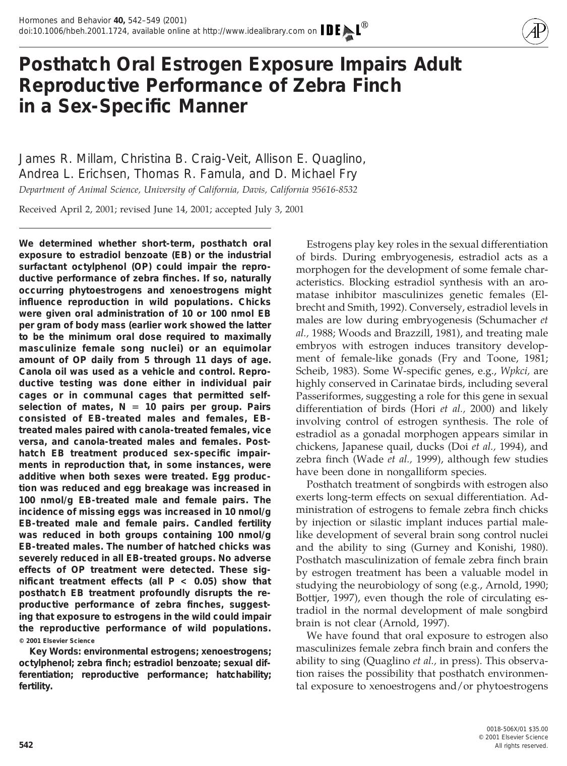 Posthatch Oral Estrogen Exposure Impairs Adult Reproductive Performance of Zebra Finch in a Sex-Specific Manner by Millam J. R. et al