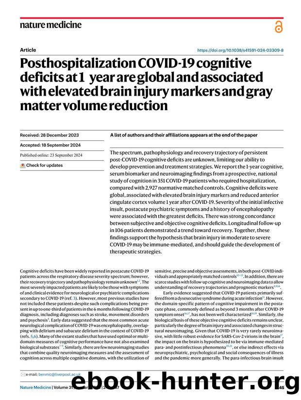 Posthospitalization COVID-19 cognitive deficits at 1âyear are global and associated with elevated brain injury markers and gray matter volume reduction by unknow