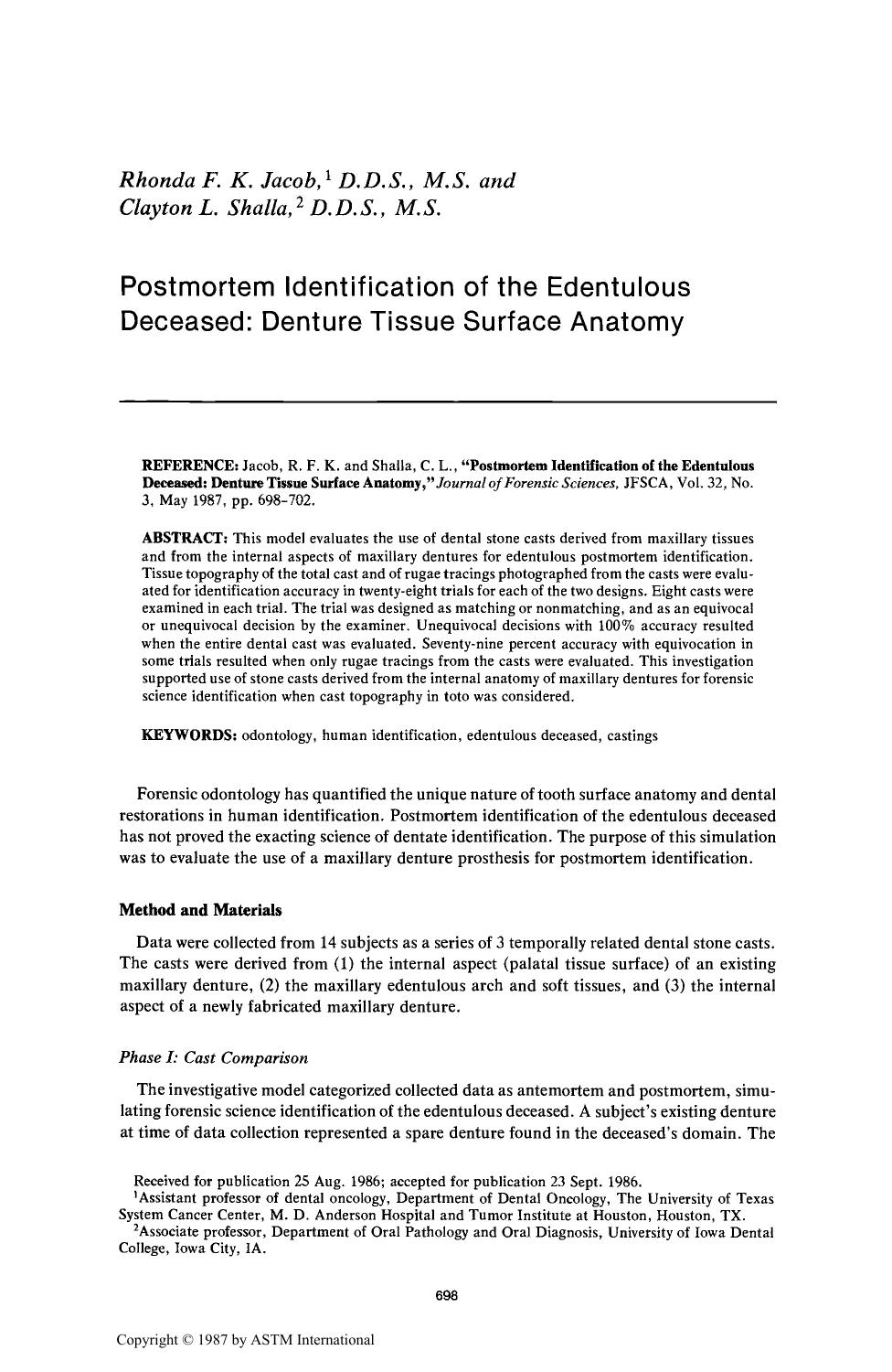Postmortem Identification of the Edentulous Deceased: Denture Tissue Surface Anatomy by Jacob RFK Shalla CL