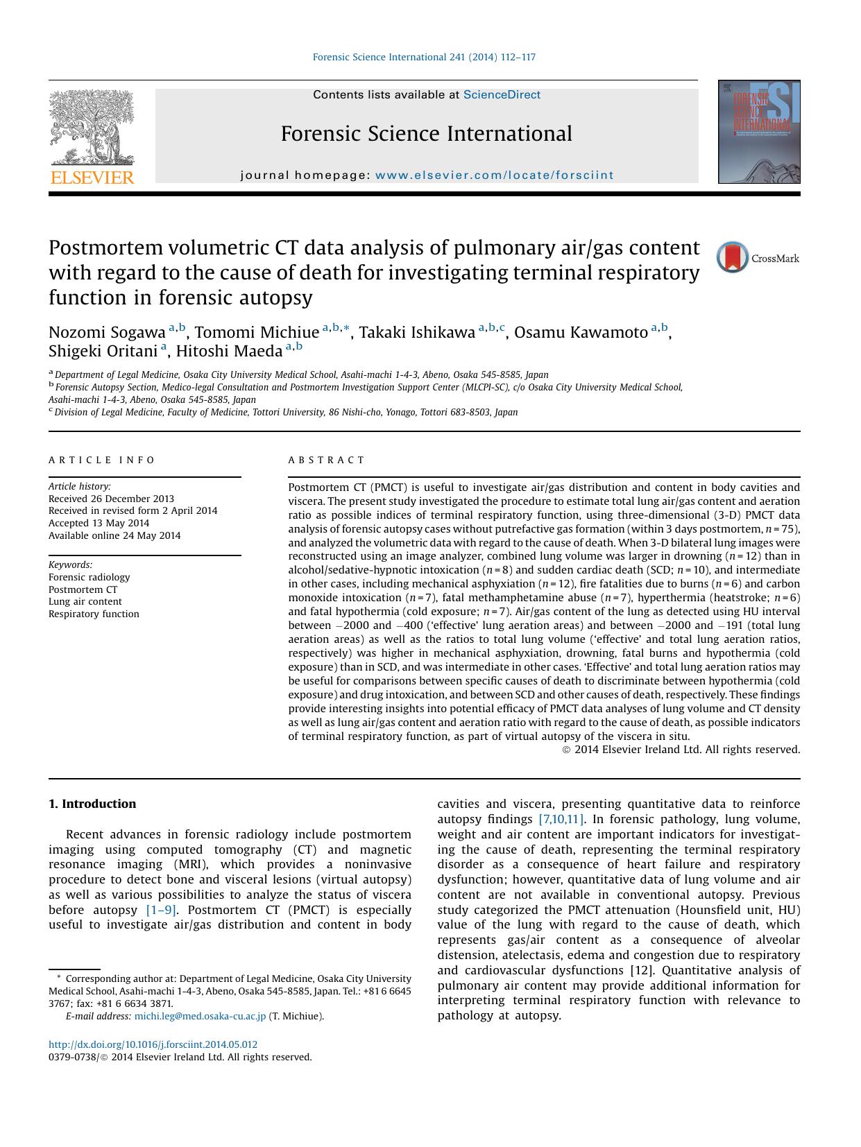 Postmortem volumetric CT data analysis of pulmonary airgas content with regard to the cause of death for investigating terminal respiratory function in forensic autopsy by Nozomi Sogawa & Tomomi Michiue & Takaki Ishikawa & Osamu Kawamoto & Shigeki Oritani & Hitoshi Maeda