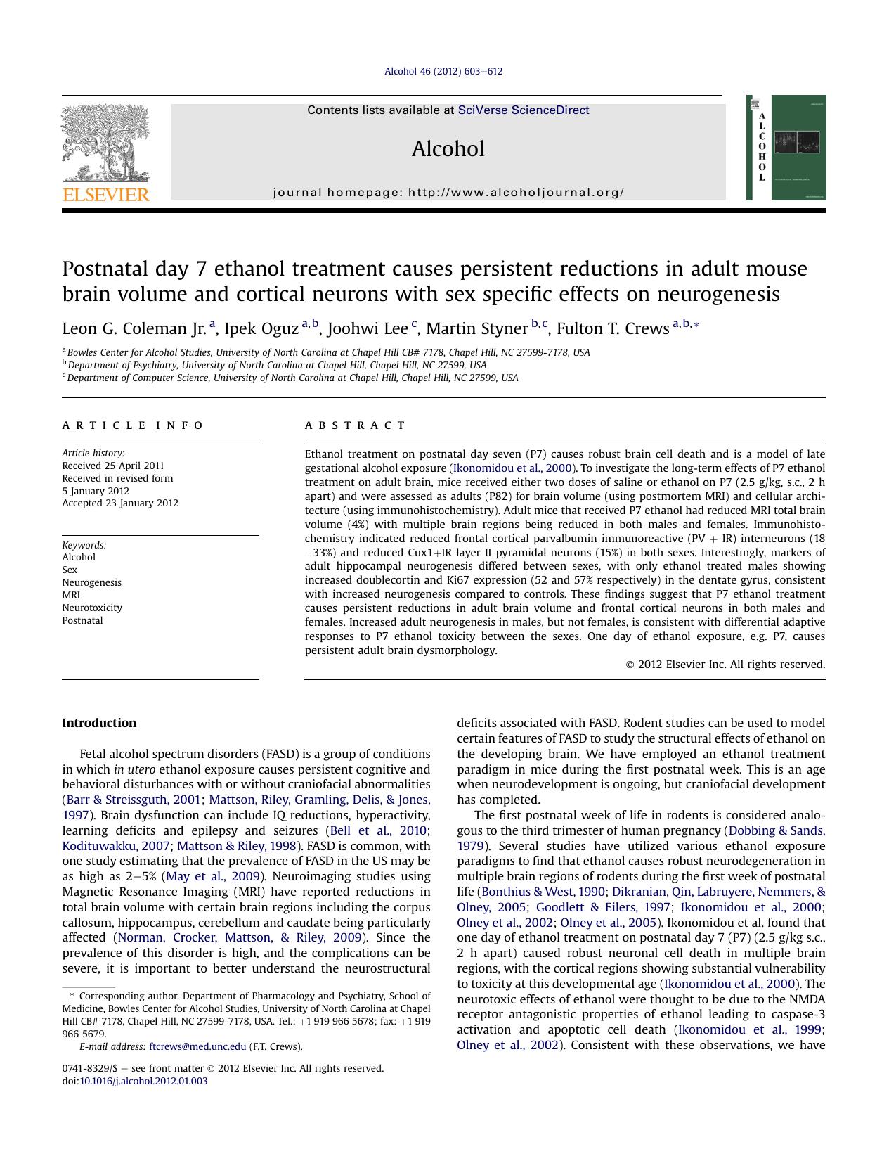 Postnatal day 7 ethanol treatment causes persistent reductions in adult mouse brain volume and cortical neurons with sex specific effects on neurogenesis by unknow