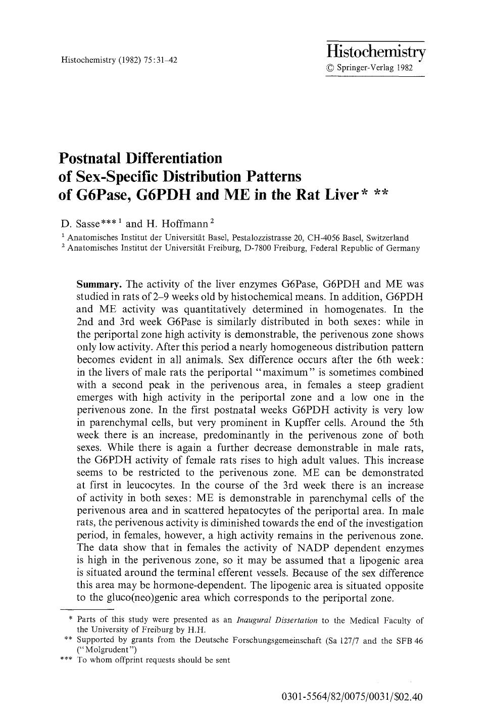 Postnatal differentiation of sex-specific distribution patterns of G6Pase, G6PDH and ME in the rat liver by Unknown