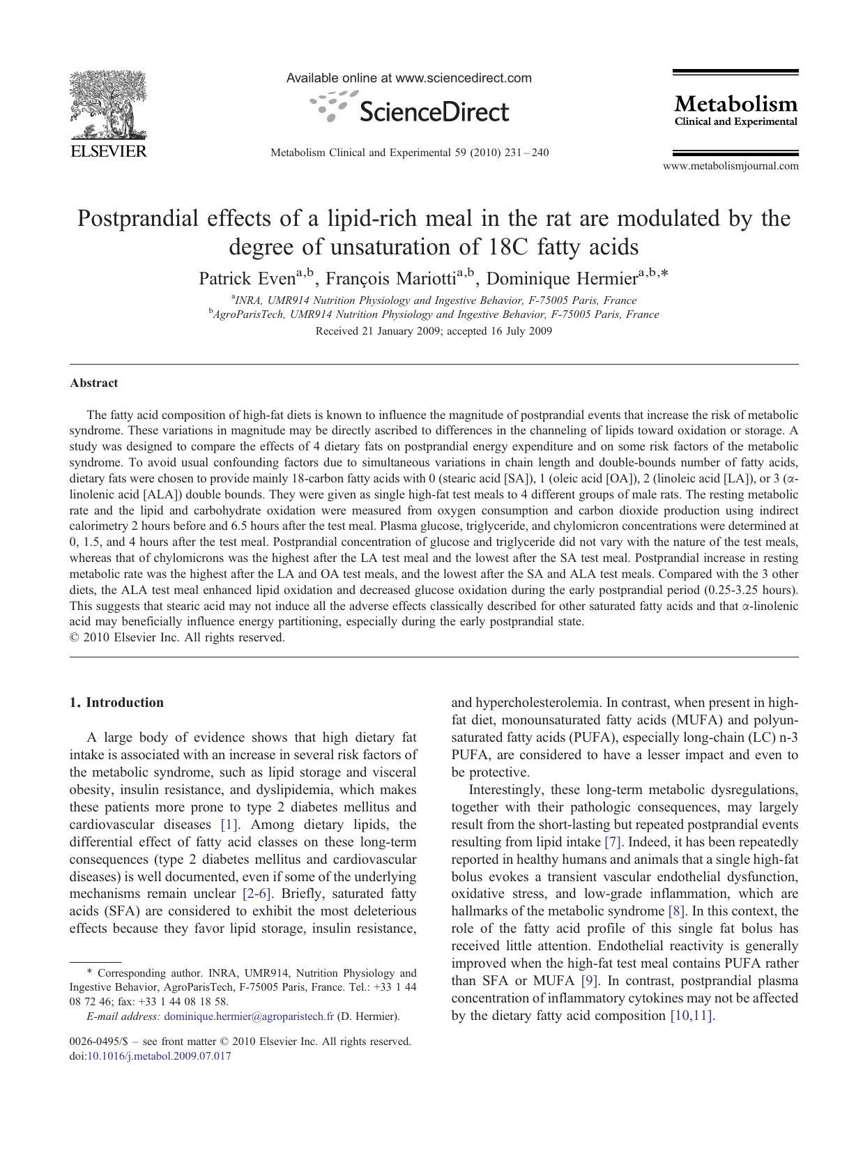 Postprandial effects of a lipid-rich meal in the rat are modulated by the degree of unsaturation of 18C fatty acids by Patrick Even; François Mariotti; Dominique Hermier