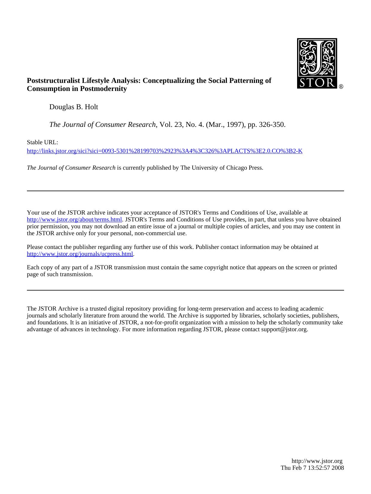 Poststructuralist Lifestyle Analysis [Conceptualizing The Social Patterning Of Consumption In Postmodernity] by Unknown