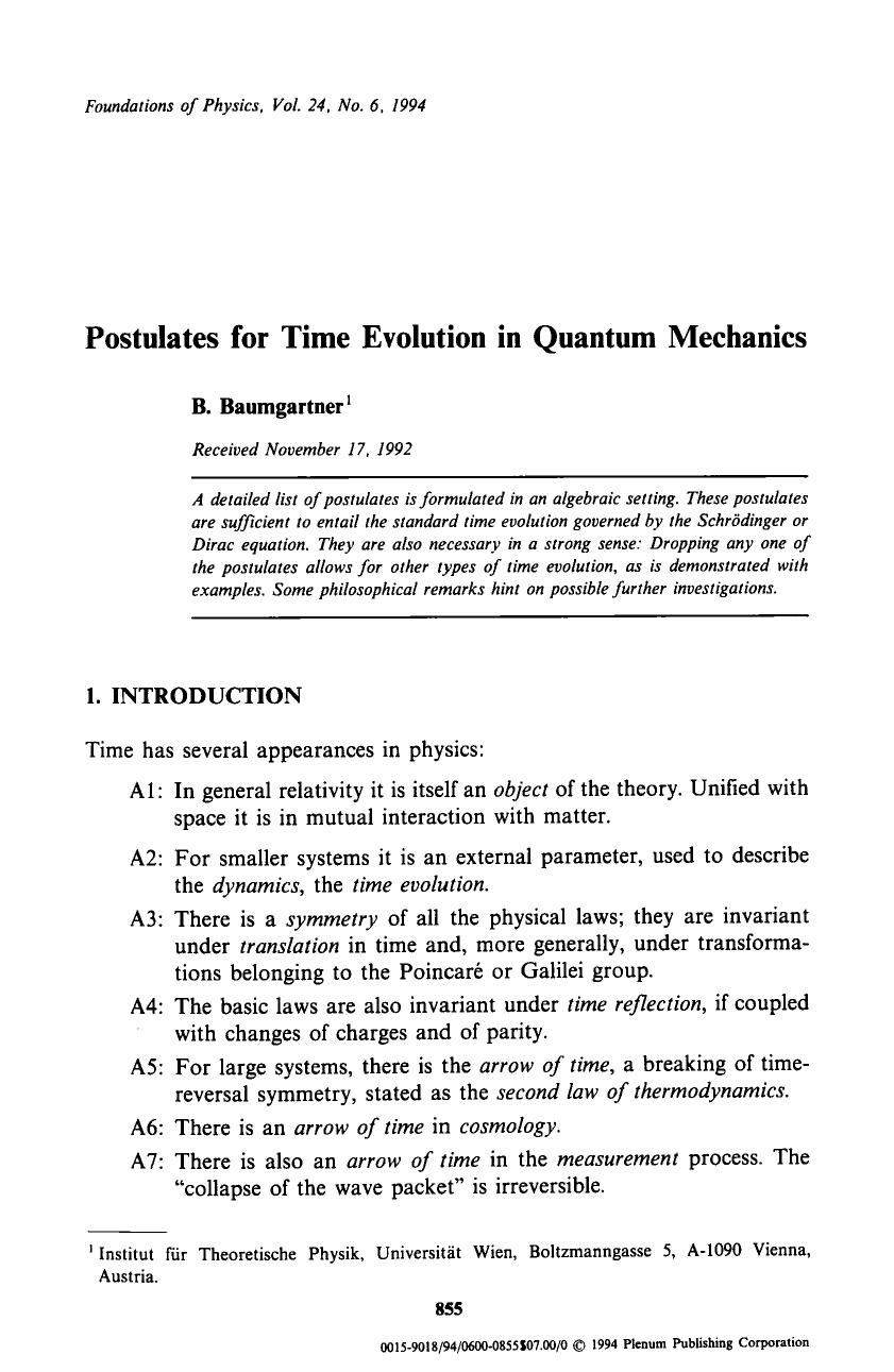 Postulates for time evolution in quantum mechanics by Unknown
