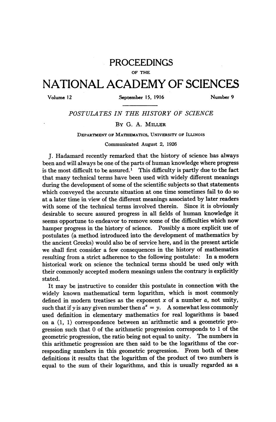 Postulates in the History of Scienec by Miller G. A
