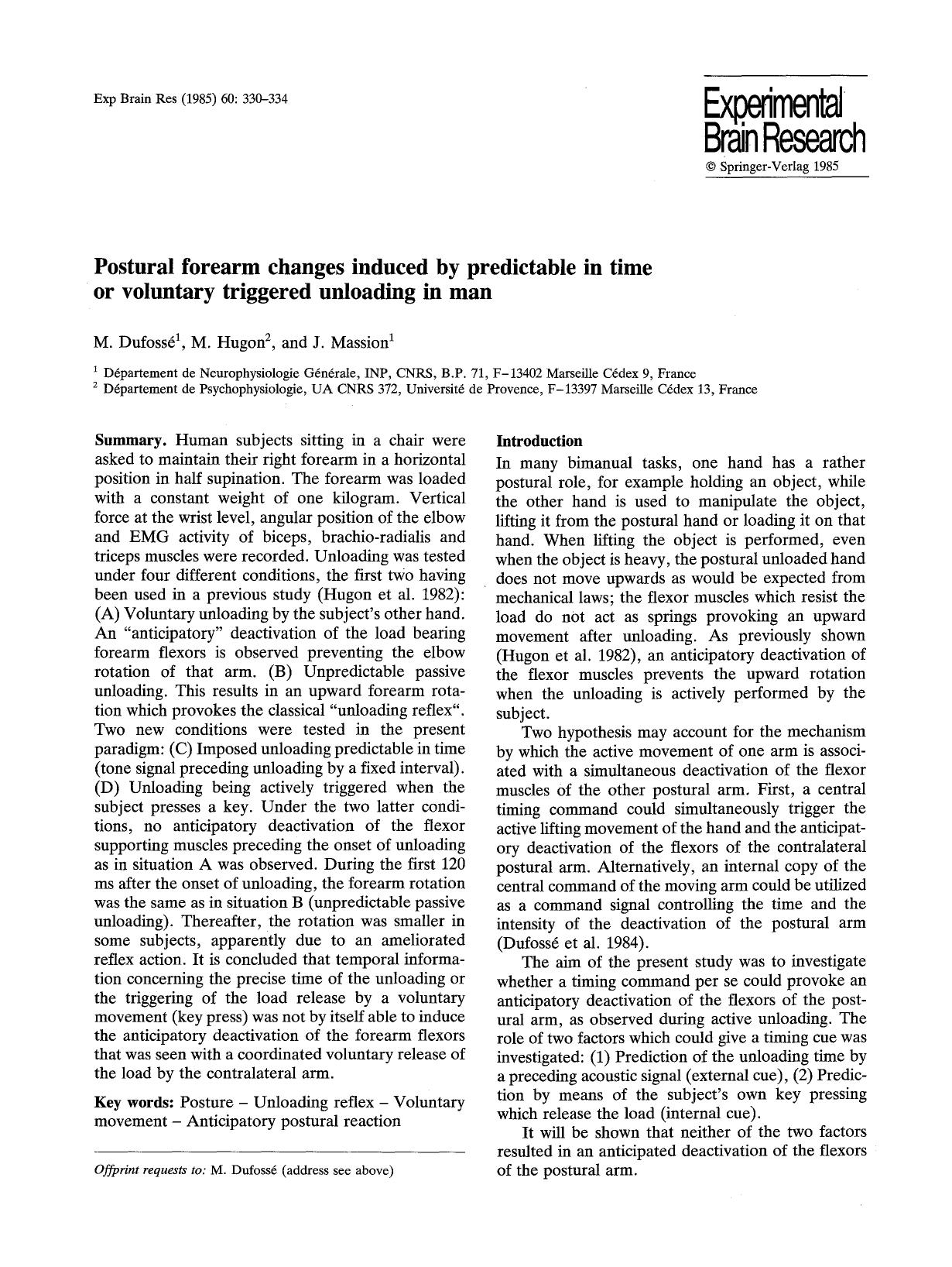Postural forearm changes induced by predictable in time or voluntary triggered unloading in man by Unknown