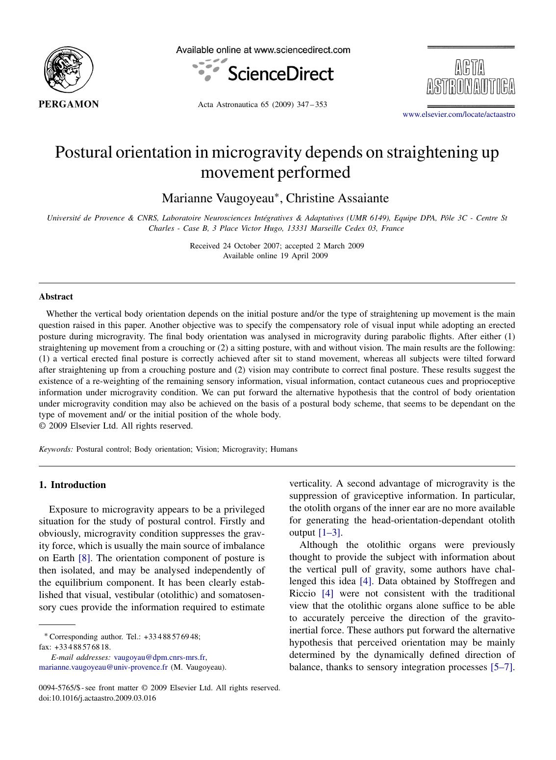 Postural orientation in microgravity depends on straightening up movement performed by Marianne Vaugoyeau; Christine Assaiante