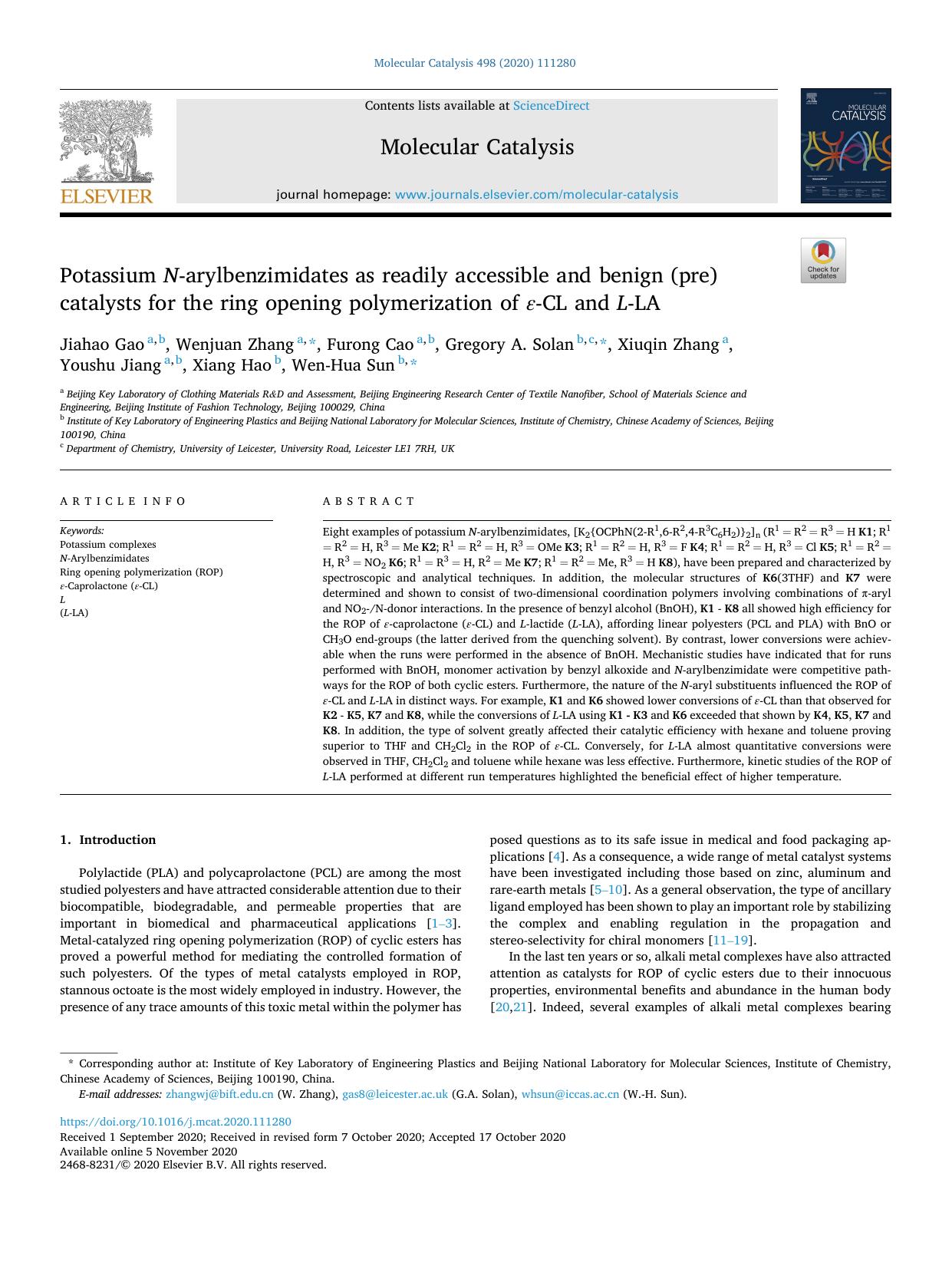 Potassium N -arylbenzimidates as readily accessible and benign (pre)catalysts for the ring opening polymerization of Îµ -CL and L -LA by unknow