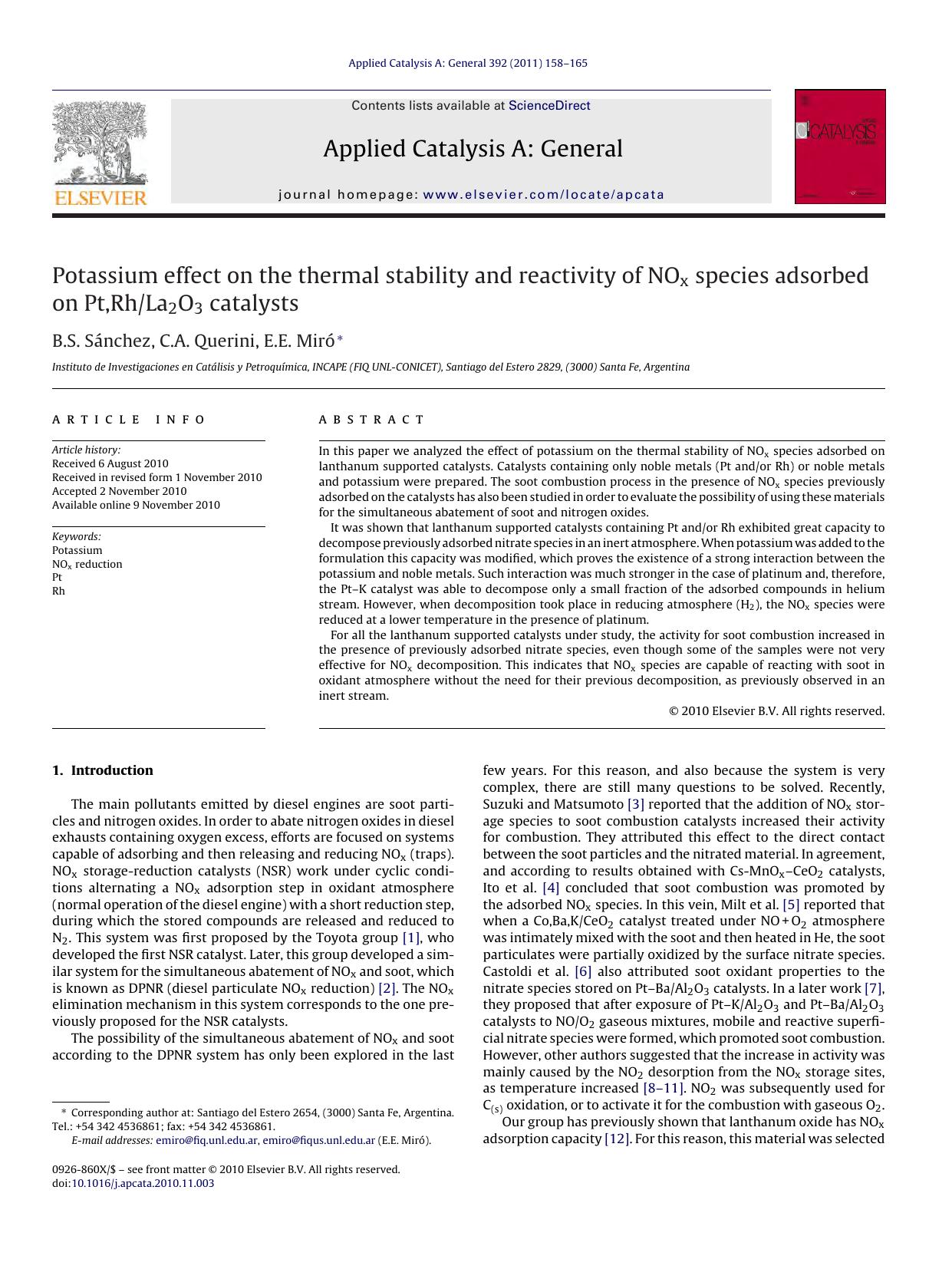 Potassium effect on the thermal stability and reactivity of NOx species adsorbed on Pt,RhLa2O3 catalysts by B.S. SÃ¡nchez & C.A. Querini & E.E. Miró