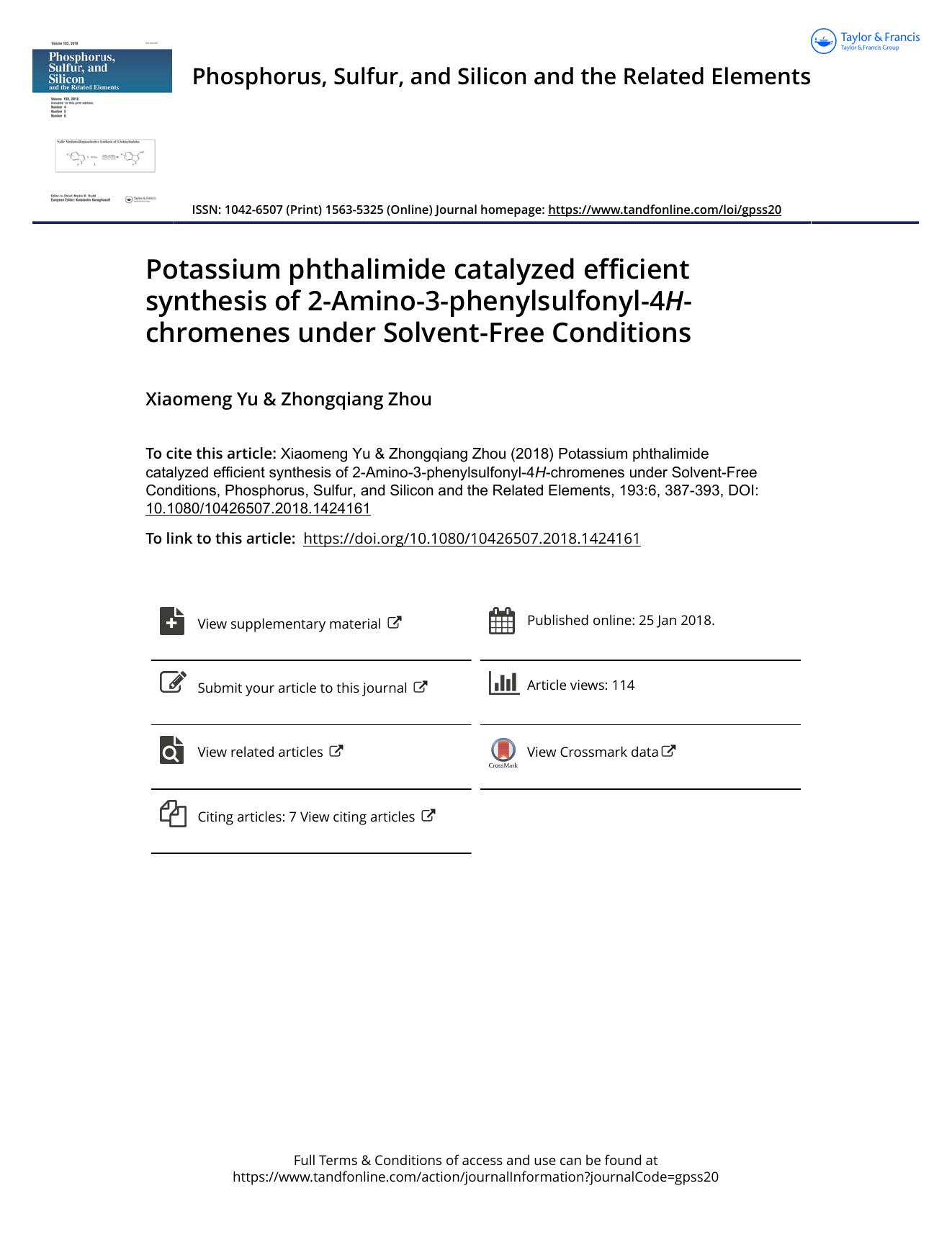 Potassium phthalimide catalyzed efficient synthesis of 2-Amino-3-phenylsulfonyl-4H-chromenes under Solvent-Free Conditions by Xiaomeng Yu & Zhongqiang Zhou