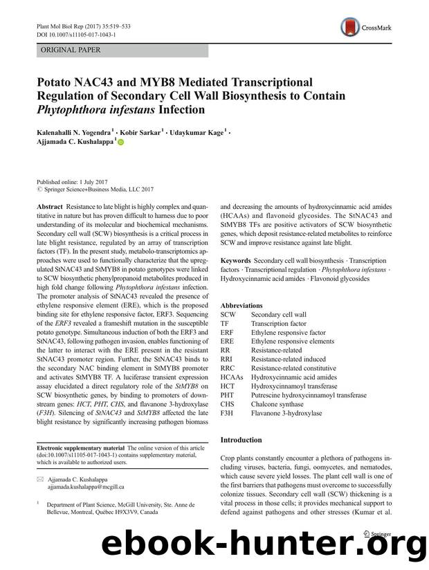Potato NAC43 and MYB8 Mediated Transcriptional Regulation of Secondary Cell Wall Biosynthesis to Contain Phytophthora infestans Infection by Kalenahalli N. Yogendra & Kobir Sarkar & Udaykumar Kage & Ajjamada C. Kushalappa