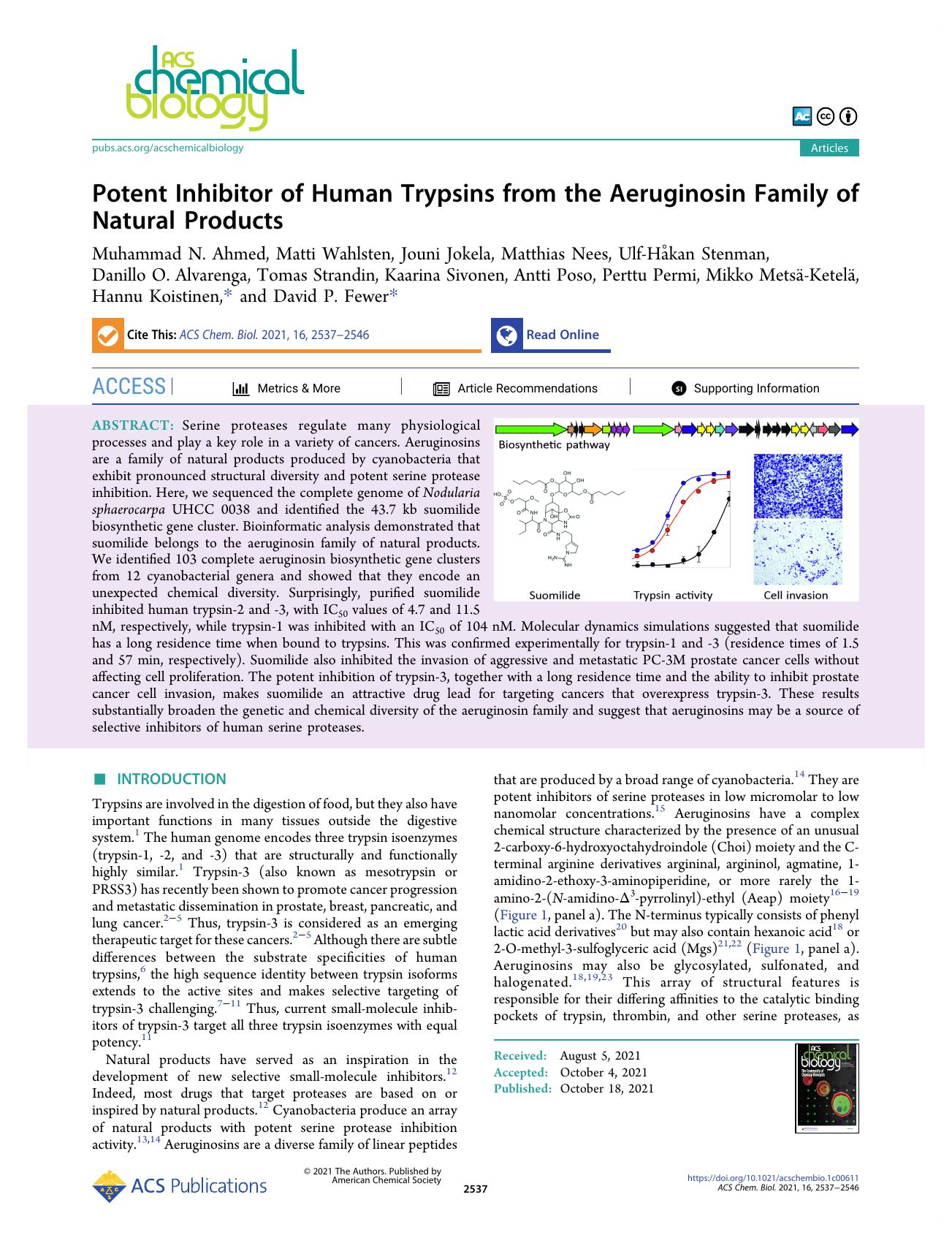 Potent Inhibitor of Human Trypsins from the Aeruginosin Family of Natural Products by unknow