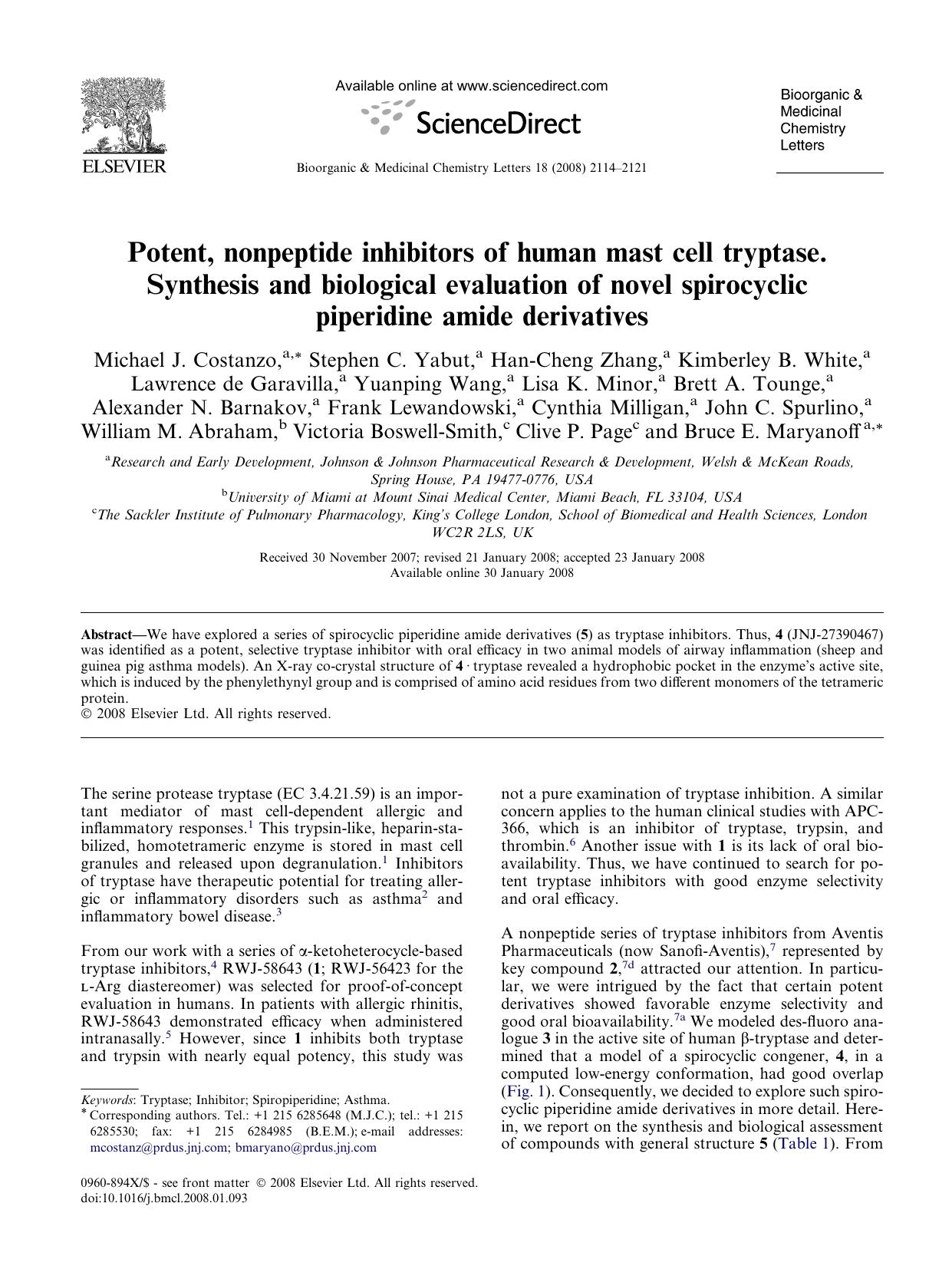 Potent, nonpeptide inhibitors of human mast cell tryptase. Synthesis and biological evaluation of novel spirocyclic piperidine amide derivatives by unknow