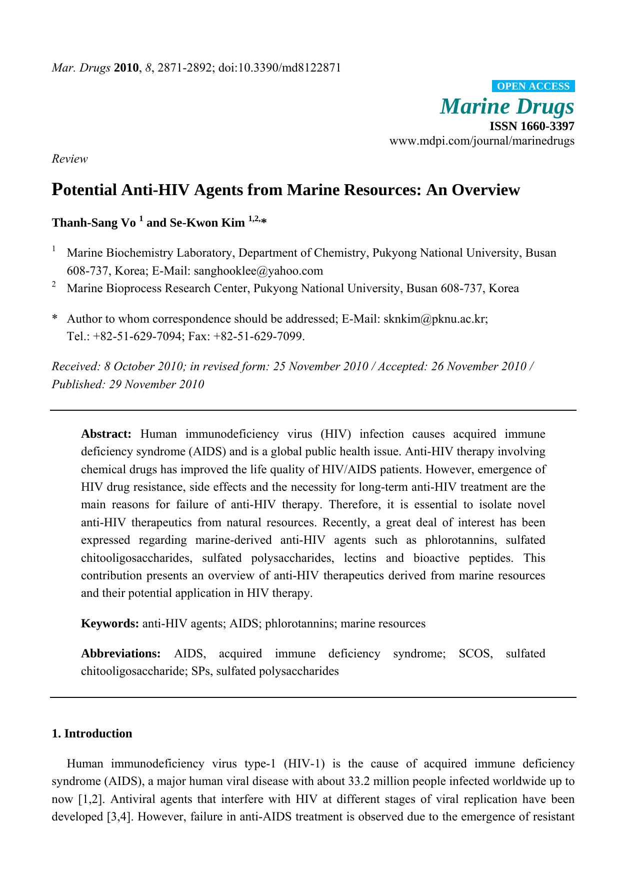 Potential Anti-HIV Agents from Marine Resources: An Overview by Thanh-Sang Vo & Se-Kwon Kim