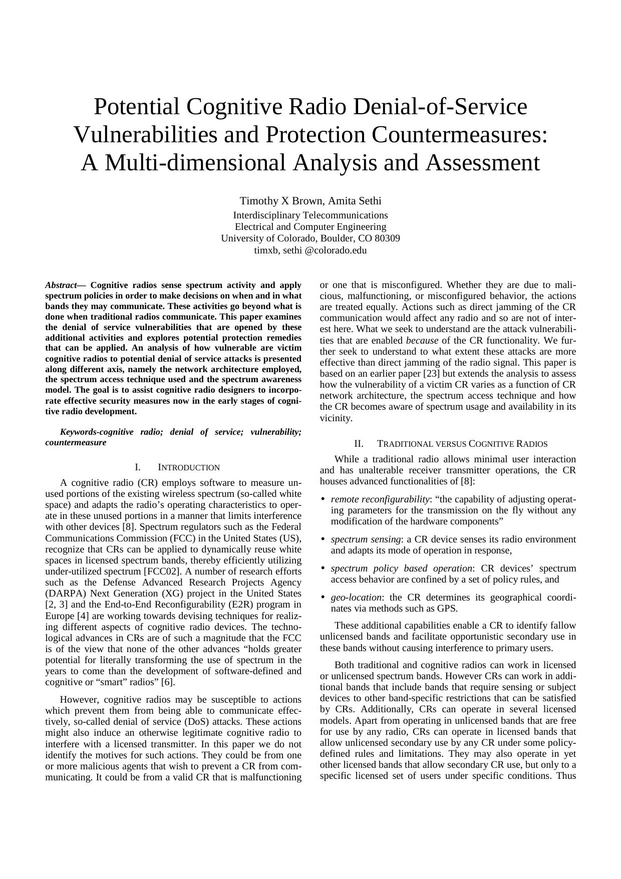 Potential Cognitive Radio Denial-of-Service Vulnerabilities and Protection Countermeasures: A Multi-dimensional Analysis and Assessment by Brown T.X. Sethi A