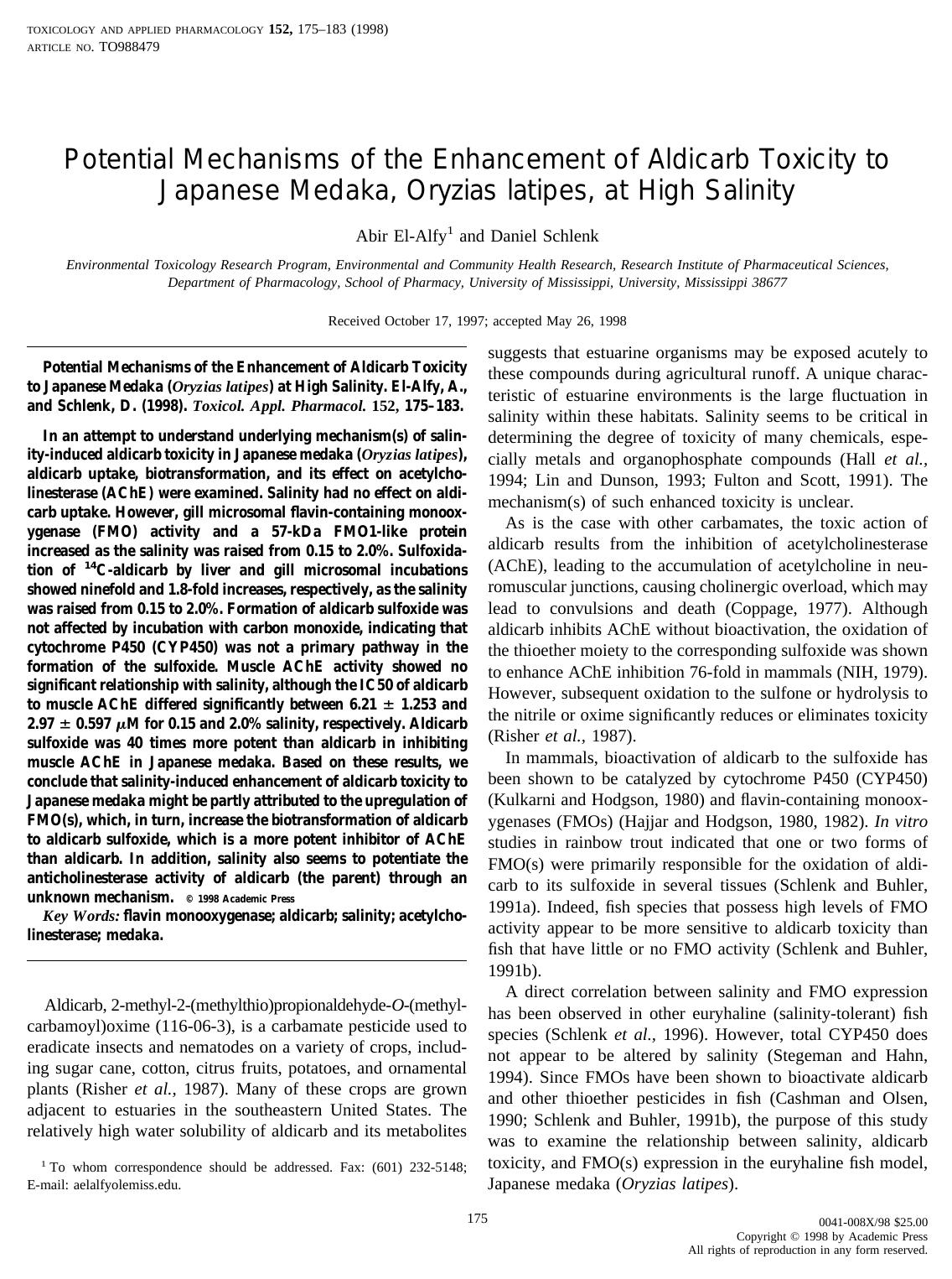 Potential Mechanisms of the Enhancement of Aldicarb Toxicity to Japanese Medaka, Oryzias latipes, at High Salinity by El-Alfy A. et al