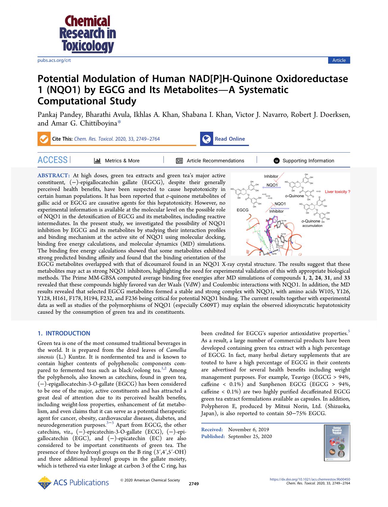 Potential Modulation of Human NAD[P]H-Quinone Oxidoreductase 1 (NQO1) by EGCG and Its MetabolitesâA Systematic Computational Study by unknow