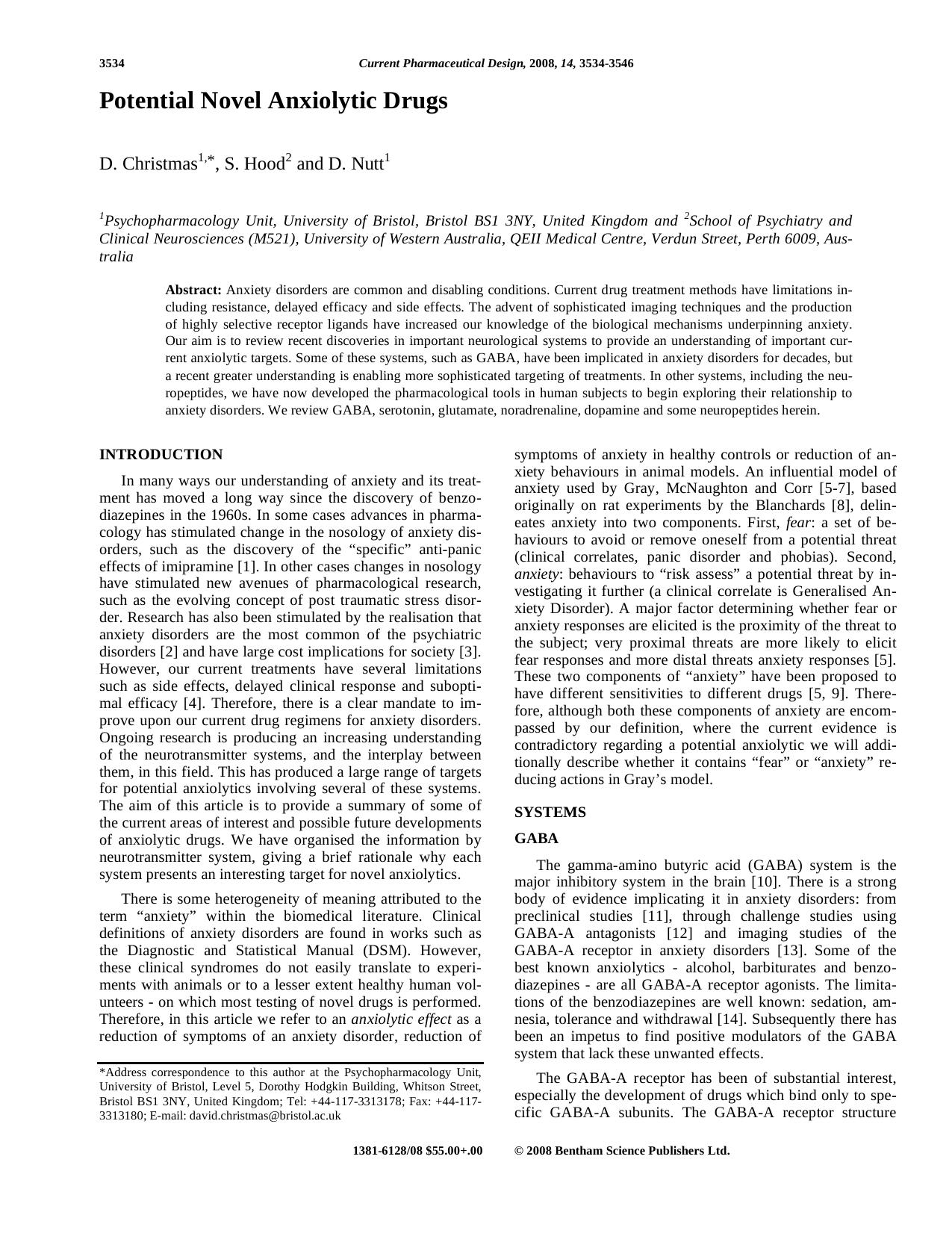 Potential Novel Anxiolytic Drugs by D. Christmas ; S. Hood ; D. Nutt